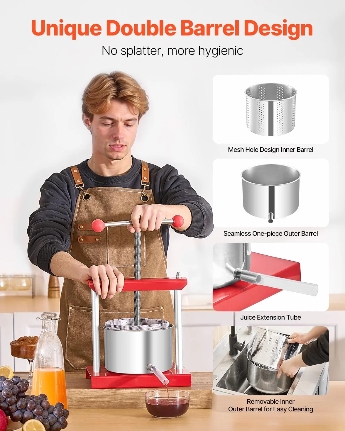VEVOR Pressoir à Fruits Manuel Capacité 3 L, Presse à Vin avec 2 Barils en Acier Inoxydable, avec Poignée en T, Nettoyage Facile, Presse à Jus, Raisin, Cidre de Pomme pour la Cuisine et la Maison