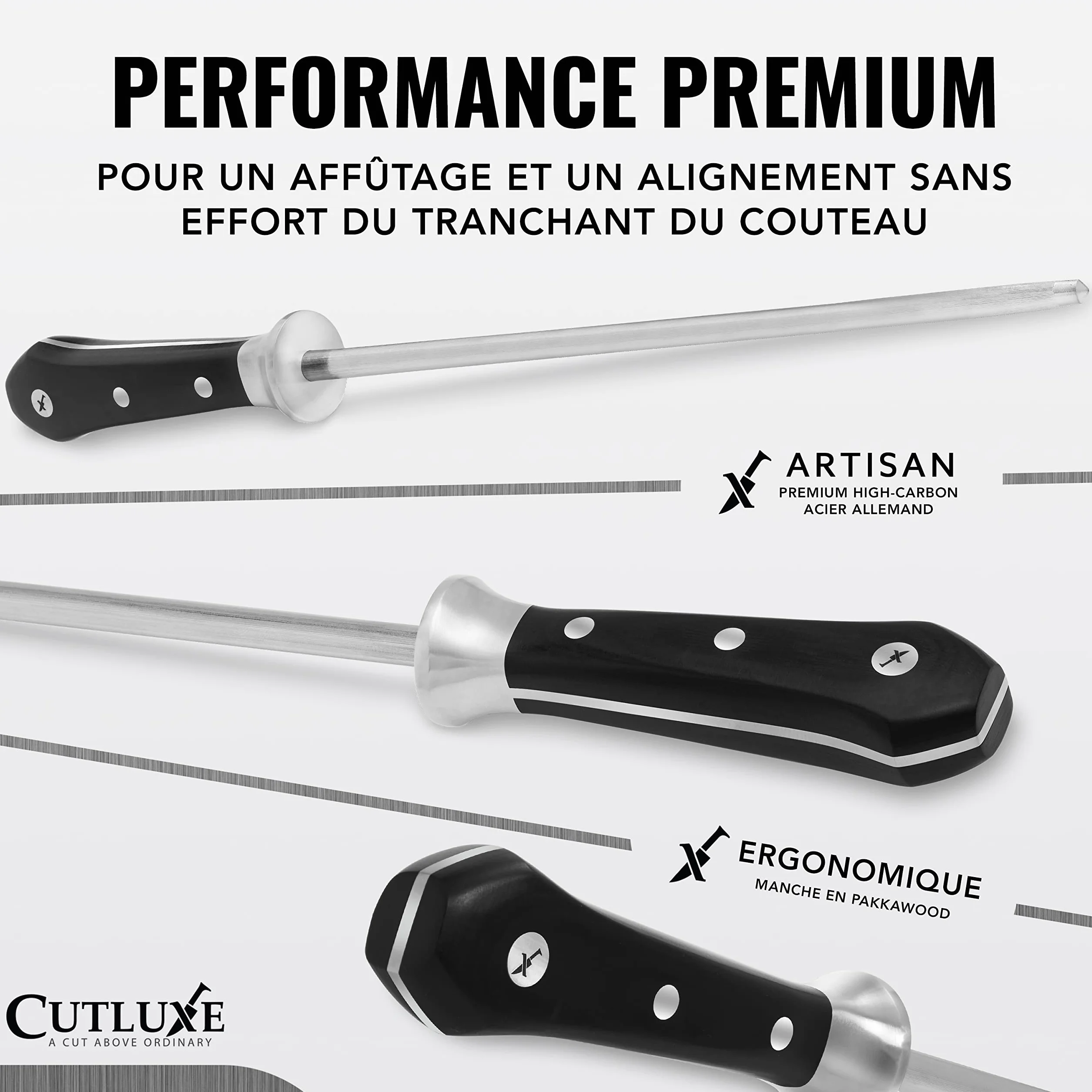 Cutluxe Fusil à Aiguiser 25.4cm Aiguiseur Professionnel Diamant Poignée Ergonomique pour Couteaux Chef Japonais Série Artisan