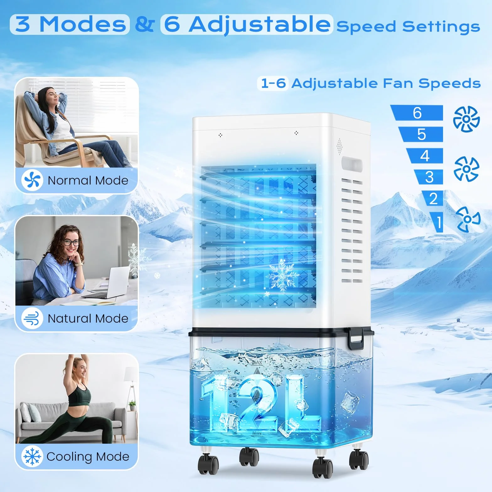 Climatiseur Mobile Silencieux Sans Évacuation 12L Rafraichisseur d'air, 45W, 6 Vitesses, 24H Minuterie, 3 Modes, Oscillation 60°/120°