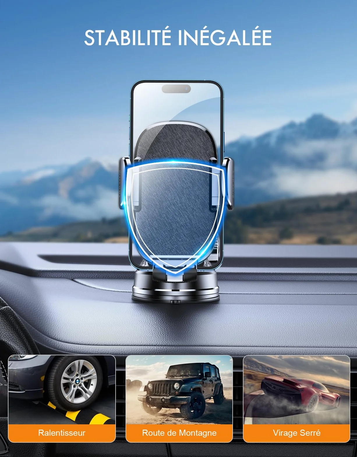 Mohard Support Telephone Voiture Ultra Robuste Orientable 360° Accroche Telephone Ventouse pour Smartphones 4-7"