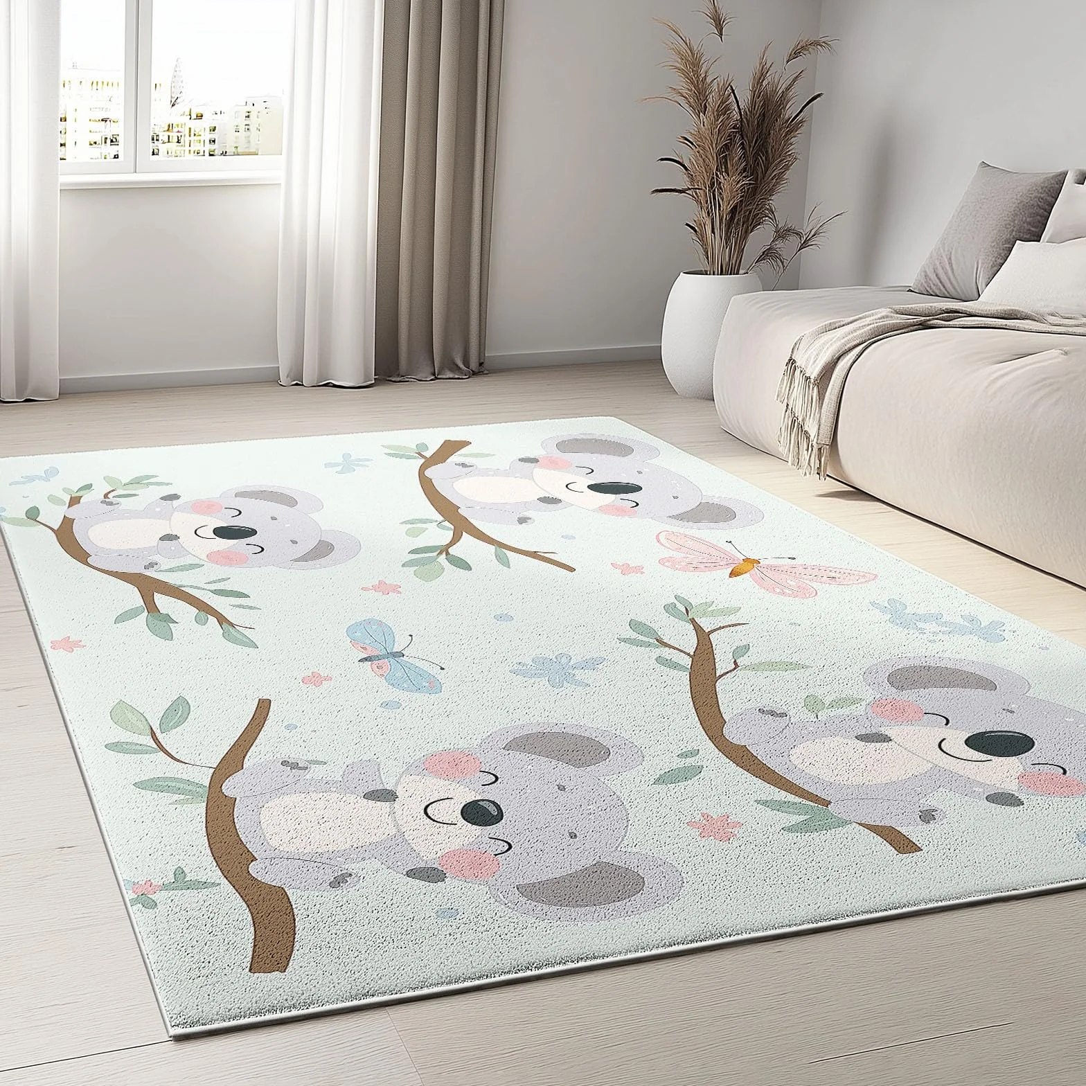 Tapis Lavable en Machine Ours Koala Motif Dessin Animé 60 x 110 cm Salon Chambre Salle à Manger Cyan Clair