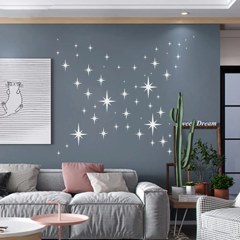 Miroir Etoile 82pcs 3D Stickers Muraux Argent Amovible Miroir Mural Autocollant Enfant Acrylique Decoratif