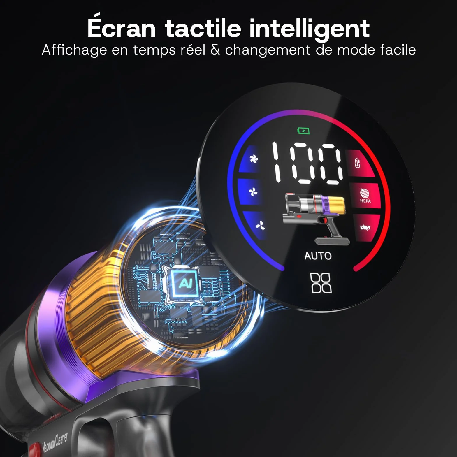 V16 Aspirateur Balai sans Fil 55Kpa/600W/80Mins, Aspirateur sans Fil Puissant, Écrans Tactiles LED, Mode Automatique, Brosse Anti-Emmêlement pour Tapis, Sols Durs et Poils d'animaux