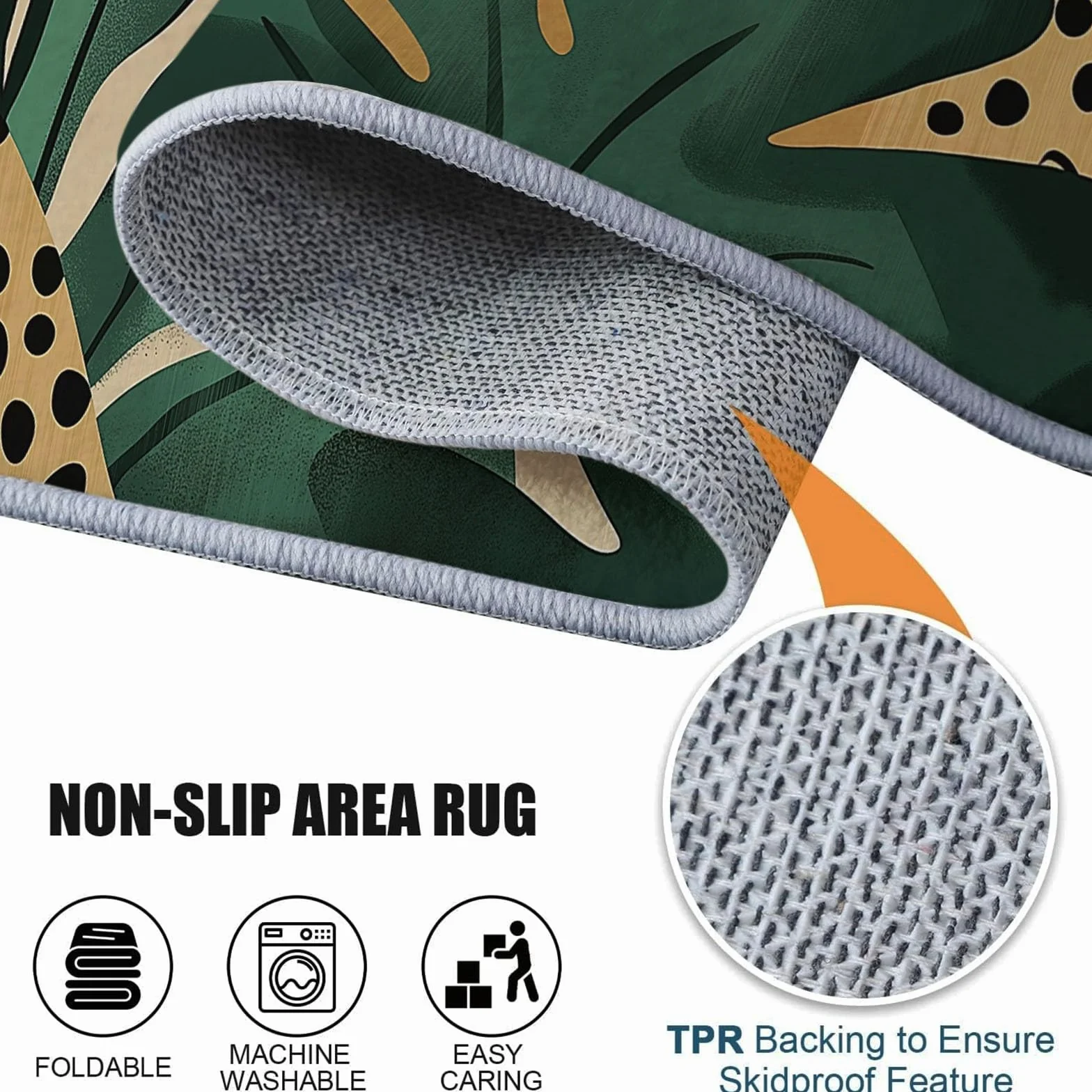 Tapis Poils Ras Motif Feuilles De Jungle Rétro Tapis Salon Chambre Adulte Salle à Manger Bureau Tapis Imprimé à Poil Court Doux Fin Lavable 80 x 150 cm, Vert Marron