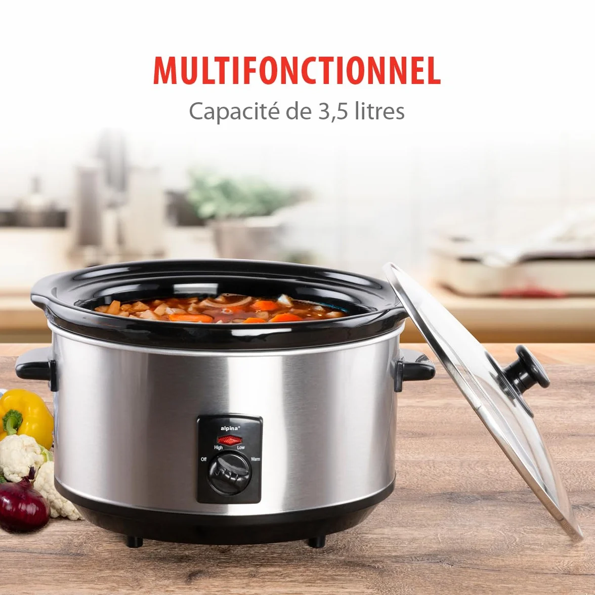 Alpina Mijoteuse Electrique - 3,5 litres - 3 Niveaux de Chaleur - Ceramique/Inox, Argenté