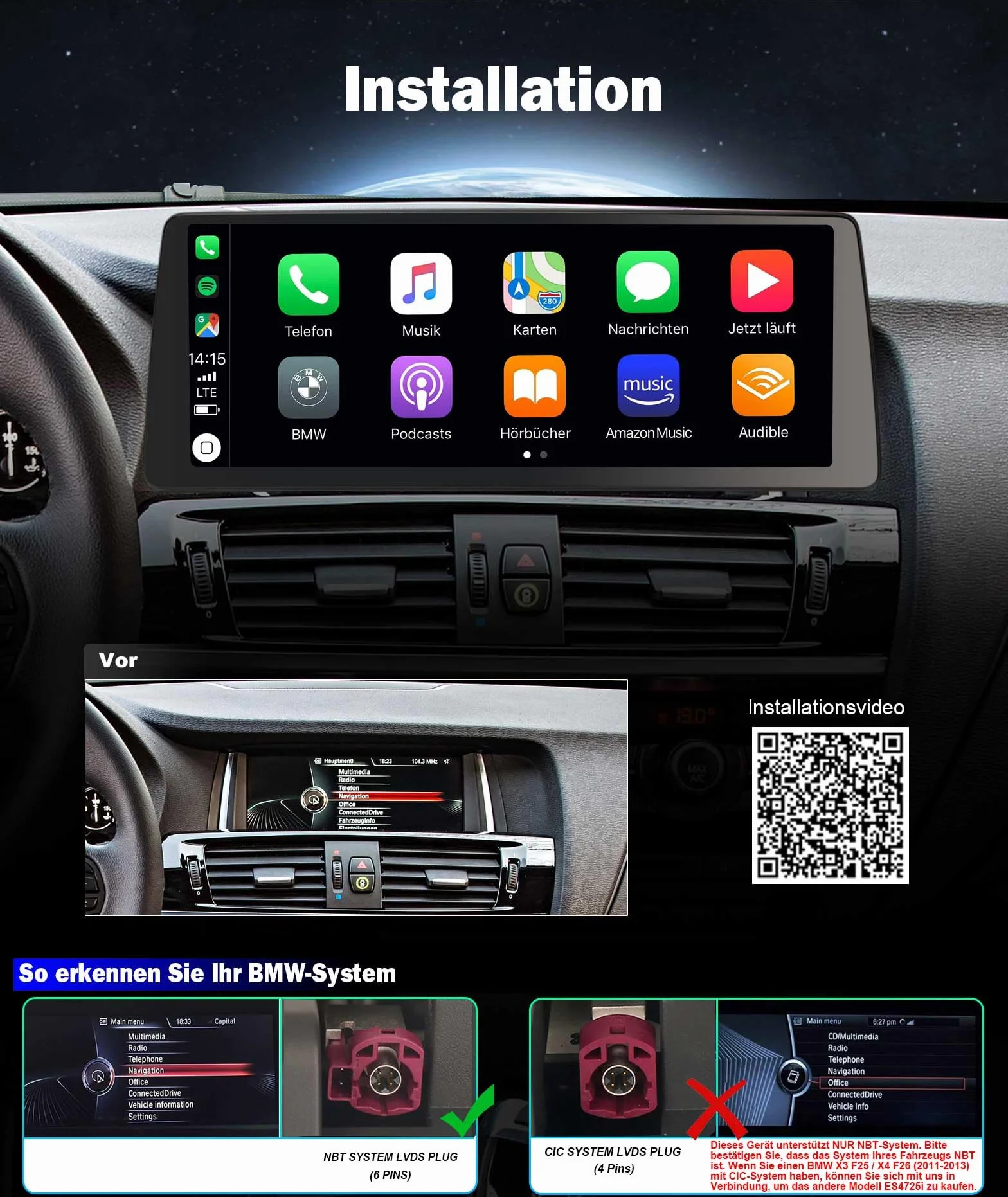 12,3 cala Android 14 8 GB + 128 GB Qualcomm 8-rdzeniowy radio samochodowe Carplay do BMW X3 F25 X4 F26 NBT z nawigacją GPS Android Auto DAB+ WiFi IPS Bluetooth 5.0 ekran dotykowy iDrive Canbus