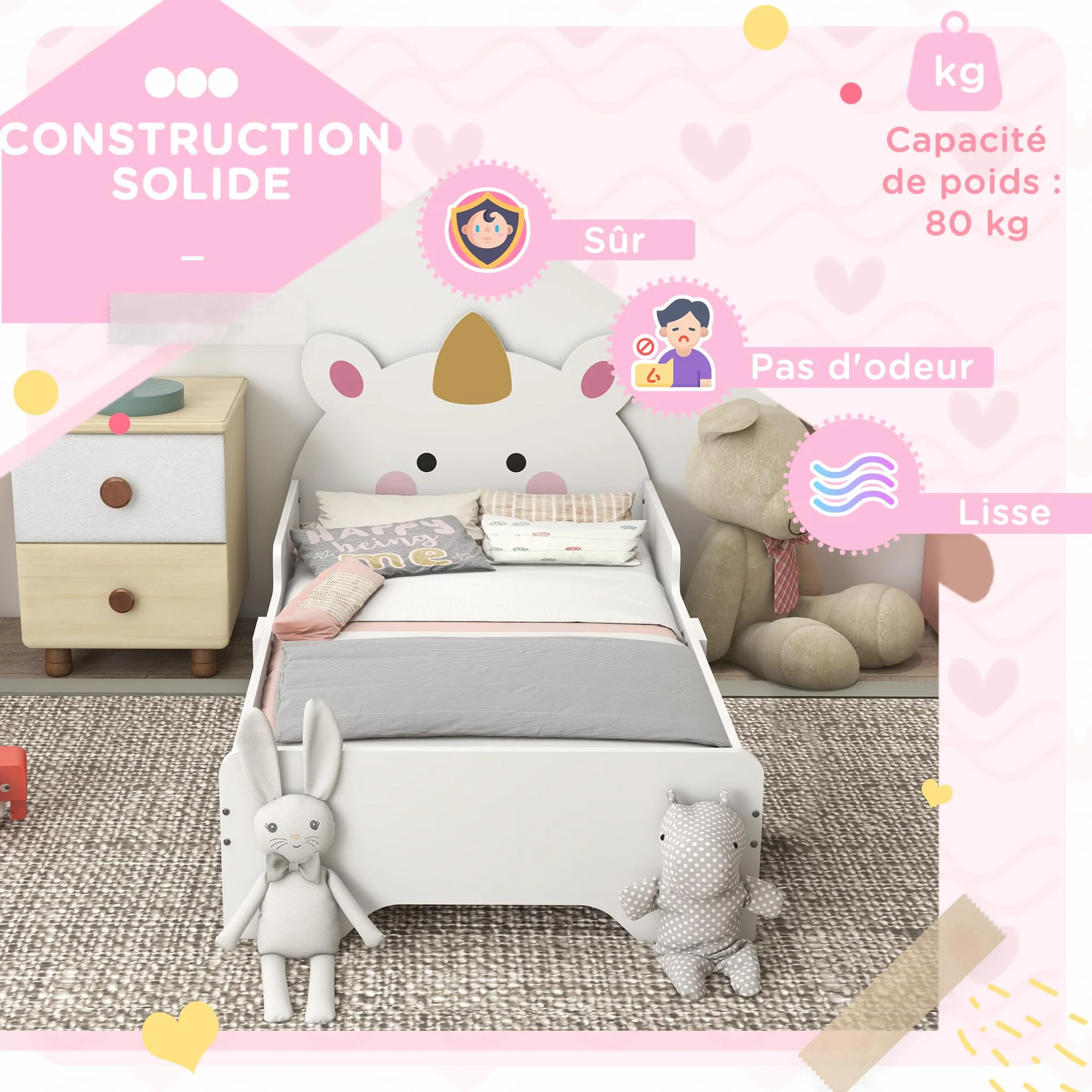 ZONEKIZ Lit Enfant, Design Licorne, 3 à 6 Ans, sommier à Lattes Inclus, 143 x 74 x 67 cm, lit pour Enfant, barrières latérales, Charge Max. 80 kg, Rose