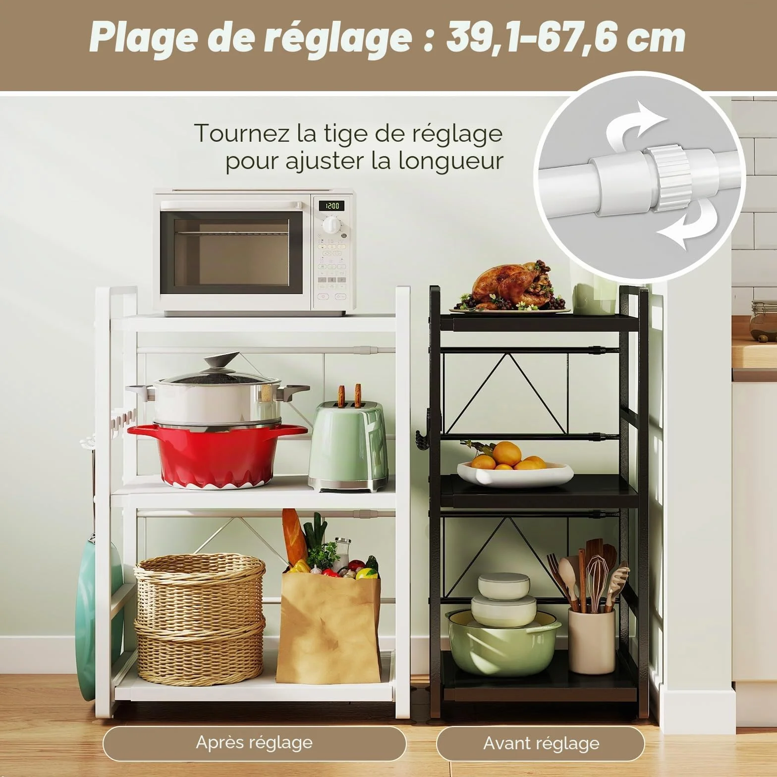 Étagère de cuisine à 3 niveaux - Réglable en hauteur et extensible avec tiroir - En acier au carbone - Avec crochets et ventouses de renfort - Étagère de boulangerie (blanc)