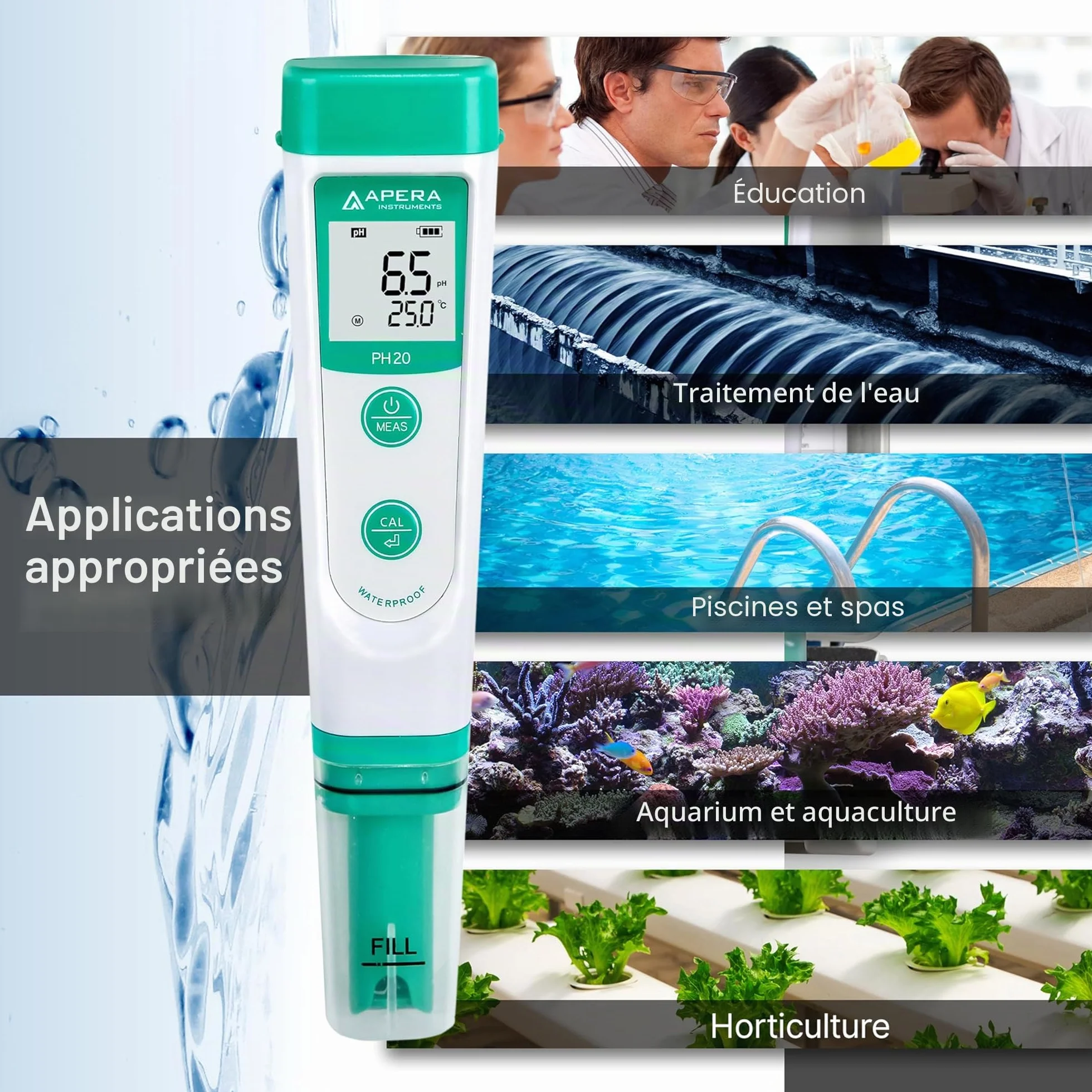 Apera Instruments PH20, Testeur de poche, étanche, précision ±0,1 pH, plage de pH 0-14, capteur de température ± 0,5 °C, kit complet
