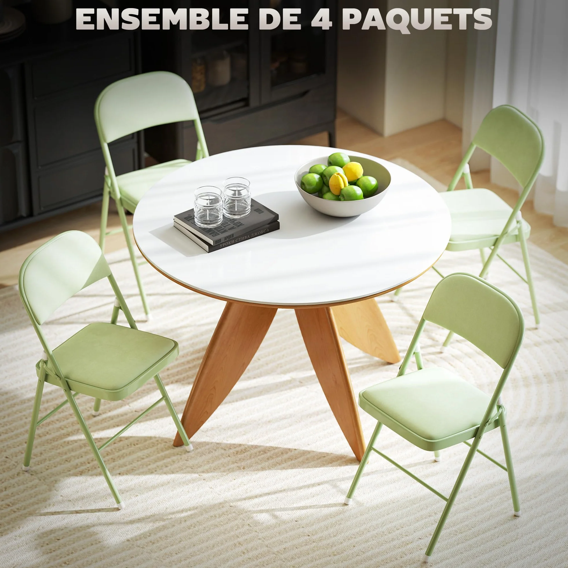 HOMCOM Lot de 4 chaises Pliantes chaises de Salle à Manger Portables intérieur avec assises et dossiers rembourrés en Velours et Cadre en Acier, Charge jusqu'à 120kg, Vert
