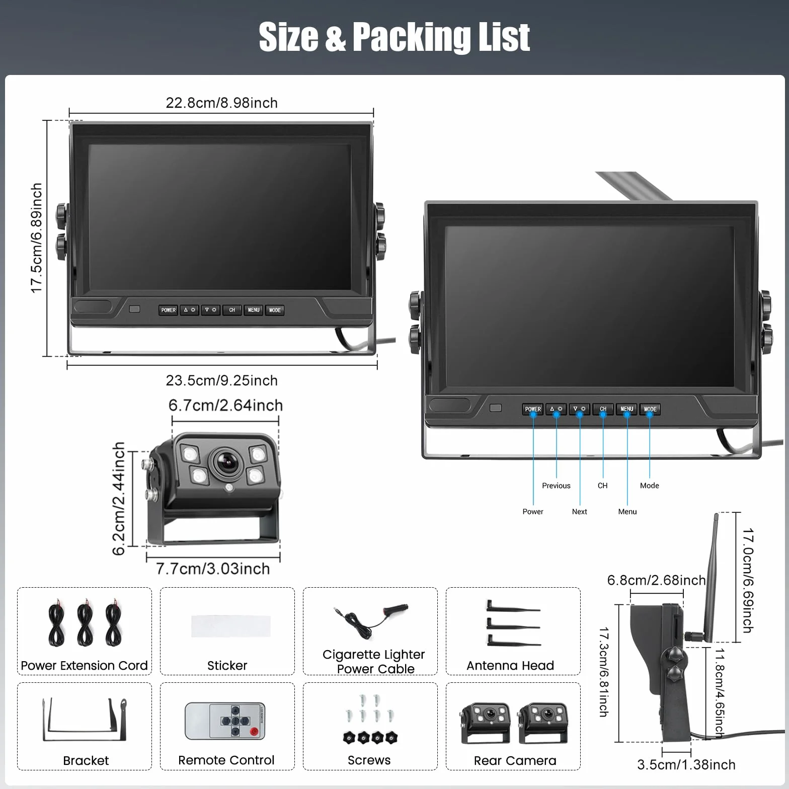 Bezprzewodowa cyfrowa kamera cofania zestaw z monitorem HD 9", 2 szeroki kąt wodoodporna kamera noktowizyjna, do 12 V 24 V samochodu/ciężarówki/samochodu/odbiornika/SUV/vana/kampera