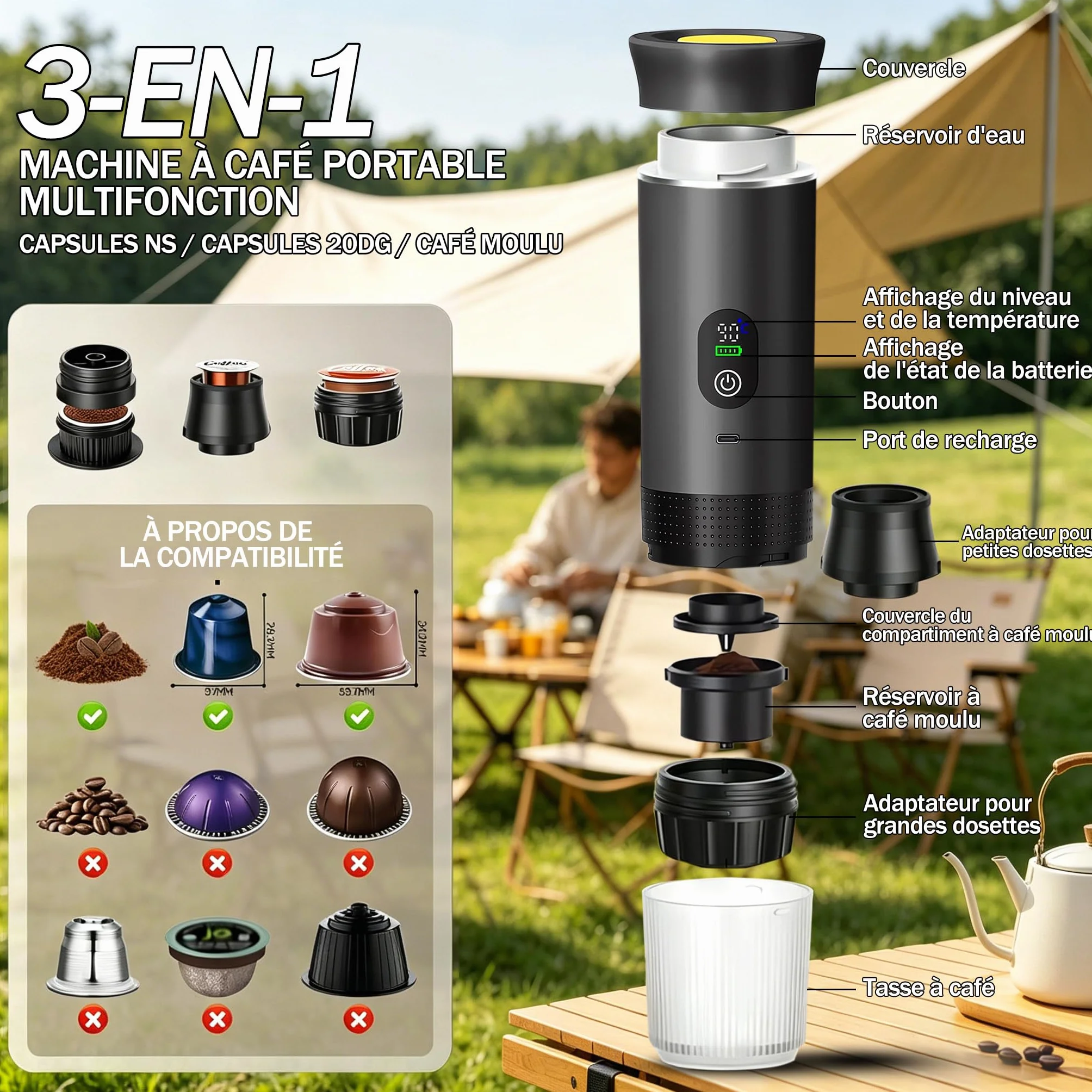 Machine à Cafe Portable,3 En 1 Cafetière à Expresso Chauffage Électrique,Rechargeable,Pour Camping et Voiture,Chauffage Rapide,compatible avec Capsules K-Cup et café moulu,Pour voyage