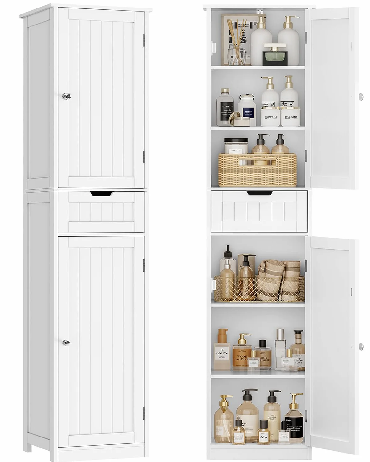 TEENFON Meuble de Salle de Bain avec Portes, Armoire de Rangement Colonne avec Étagères Réglables et Tiroirs, Blanc (40x30x170cm)