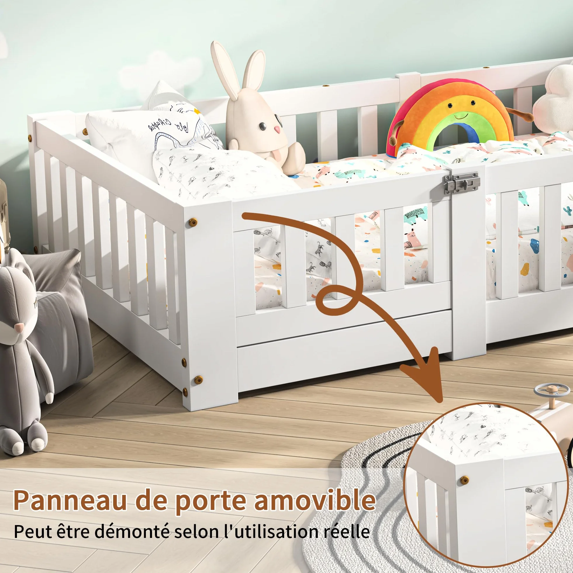 Lit Enfant Montessori au Sol 90x190 cm, Cadre de Lit en Bois de Pin Blanc avec Barrières de Sécurité, Sommier à Lattes pour Garçons et Filles (Matelas Non Inclus)