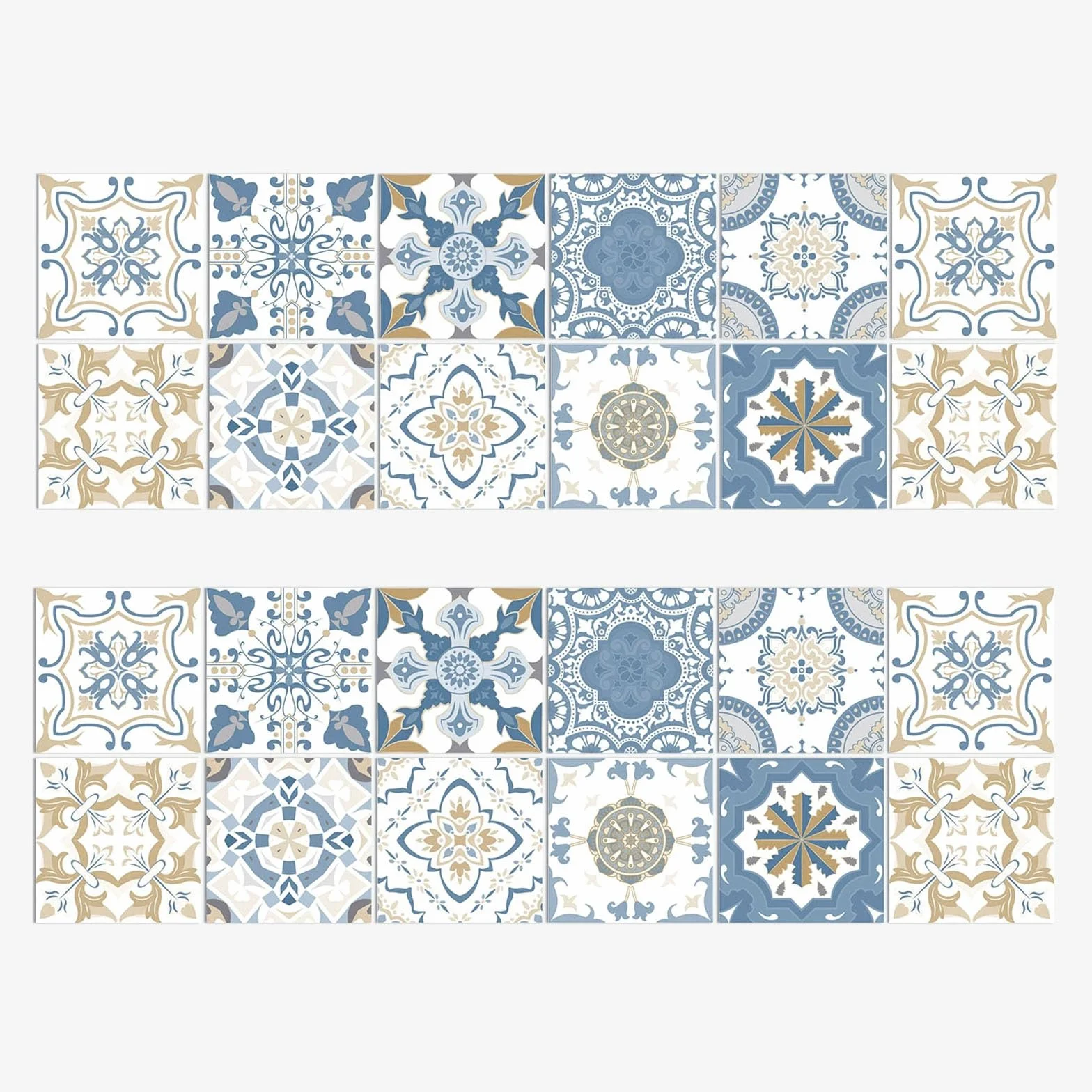 Lot de 24 autocollants carreaux bleus victoriens vintage autocollants muraux auto-adhésifs étanches pour cuisine et salle de bain