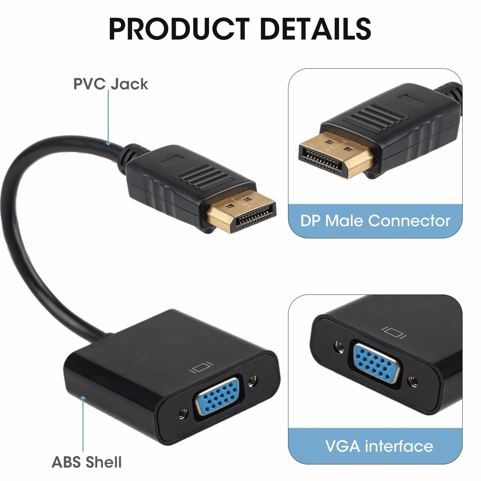 Adaptateur DisplayPort vers VGA 1080p Convertisseur DP Mâle vers VGA Femelle pour PC Moniteur Projecteur