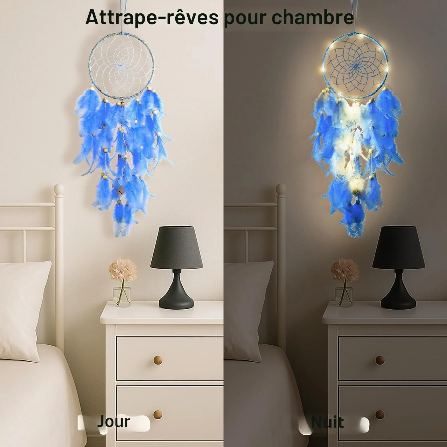 Attrape-rêves en plumes LED bleu - Décoration murale bohème