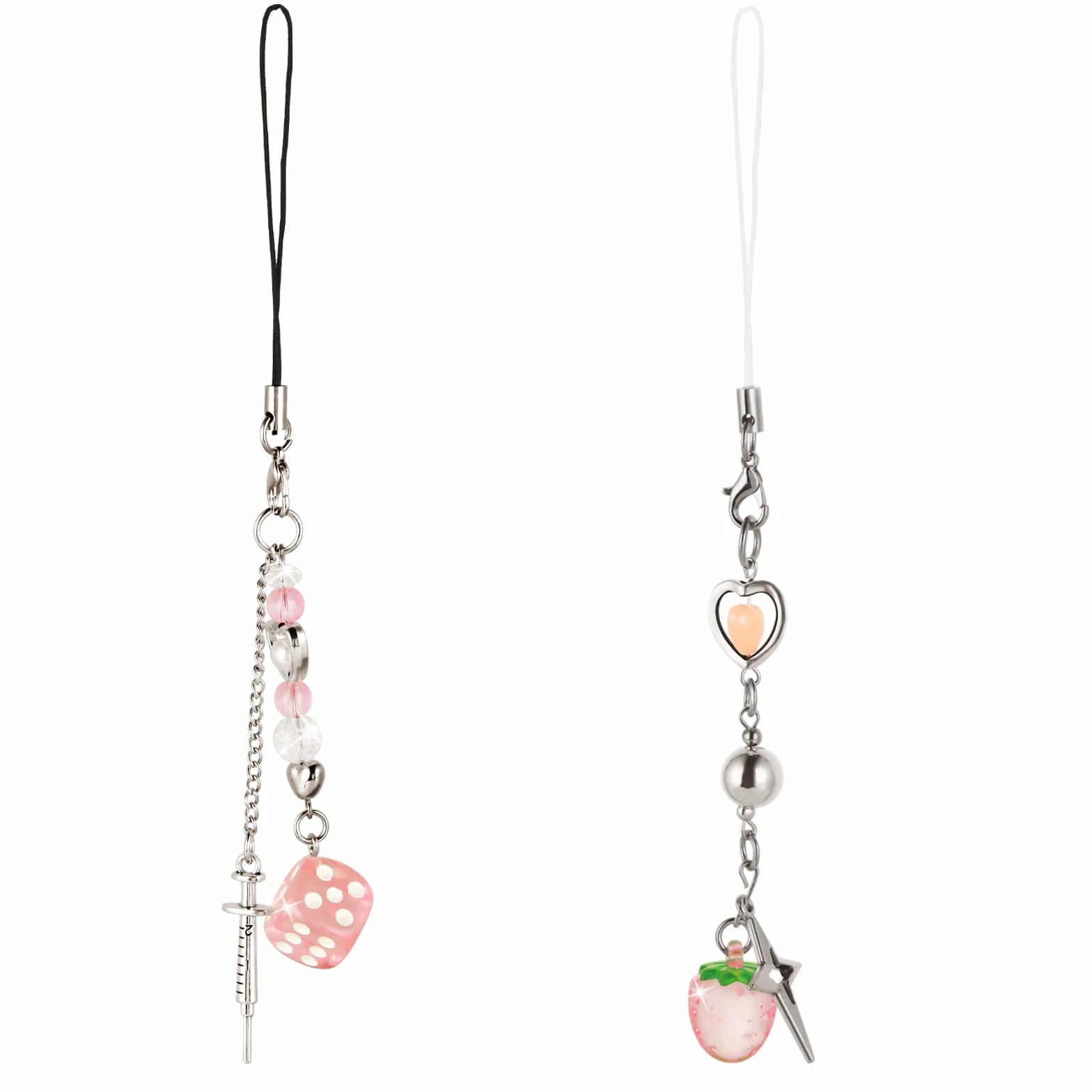 Amabro urocze delikatne zawieszki do telefonu, 2 szt., estetyczny brelok i amulet, Kpop, urocze kości truskawkowe, serce, perła, wisiorek na telefon