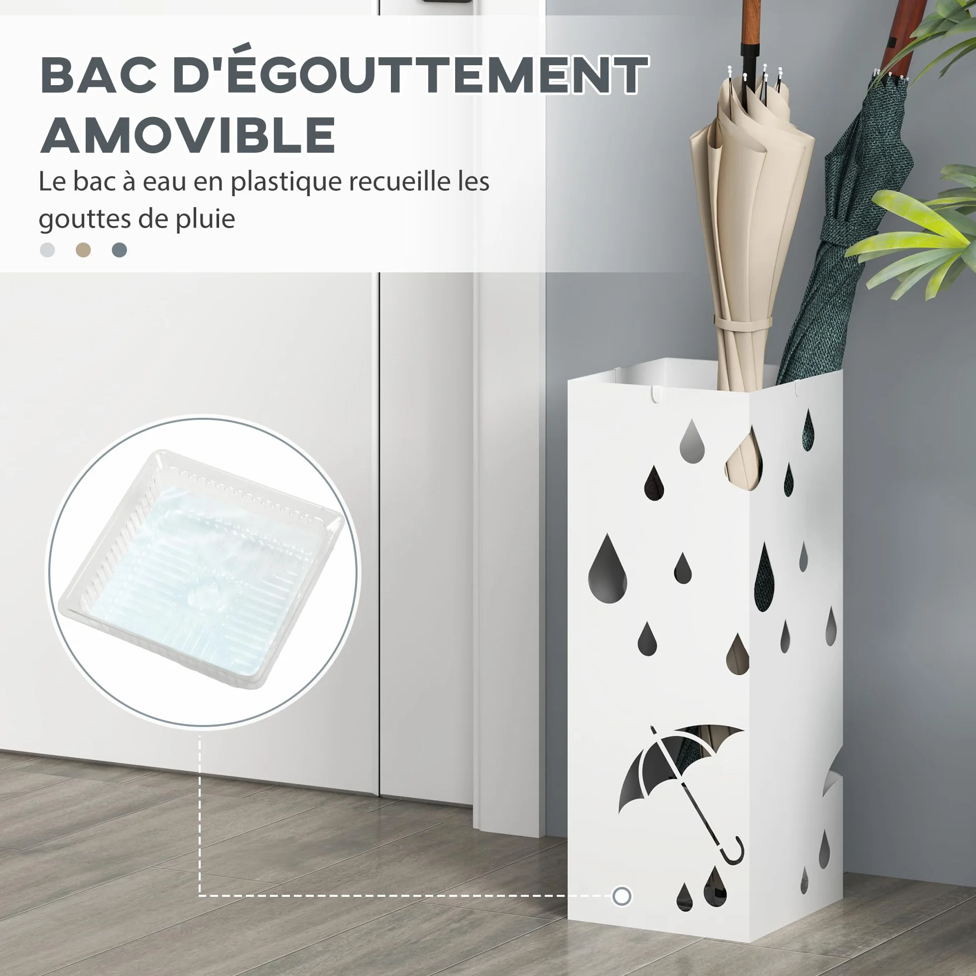 HOMCOM Porte-parapluie en acier carré 4 crochets bac récupération eau amovible 15,5x15,5x41 cm blanc