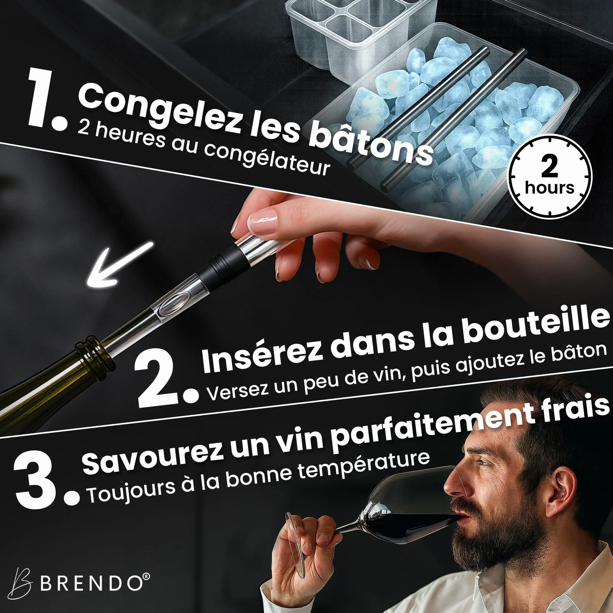 Brendo Rafraîchisseur de Vin 4-en-1 Tige de Refroidissement en Acier Inoxydable 2 Longueurs + Bec Verseur + Décanteur + Bouchon