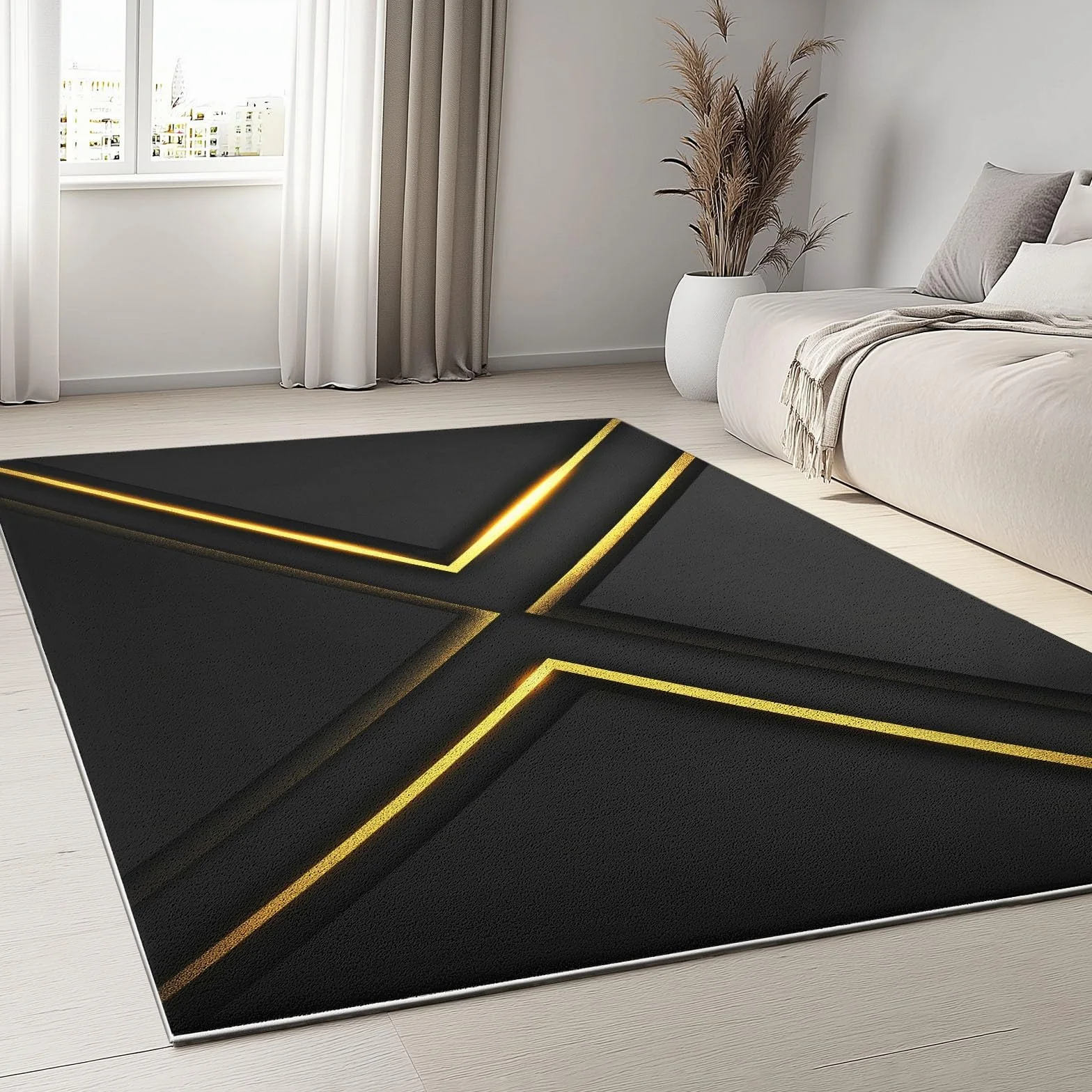 Tapis Salon Chambre Adulte Poil Court Antidérapant Lavable Noir Or 60 x 110 cm