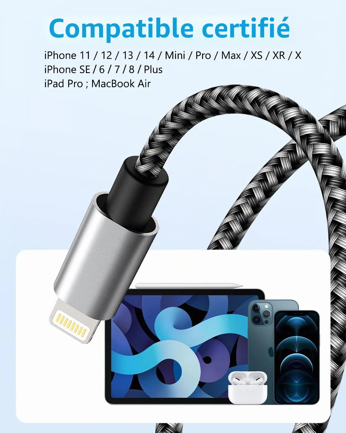IDISON Cable Chargeur iPhone Lot de 5 MFi Tresse 2M 1M 3M