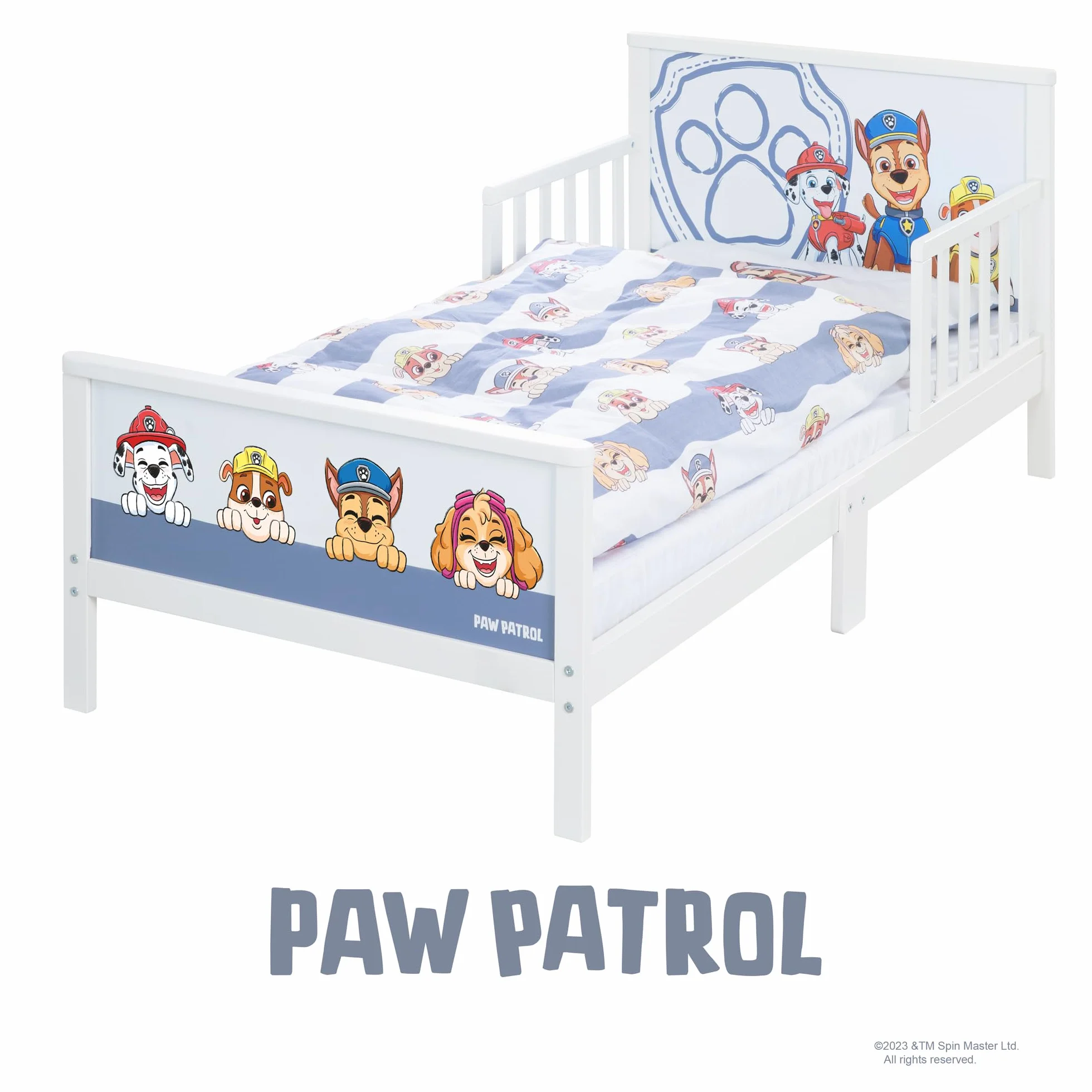 roba Paw Patrol Lit Montessori 70 x 140 cm avec Barrières de Sécurité pour Enfant Jusqu'à 7 Ans + Sommier et Linge de Lit - Blanc/Motif Chiens Chase Marcus Ruben Stella