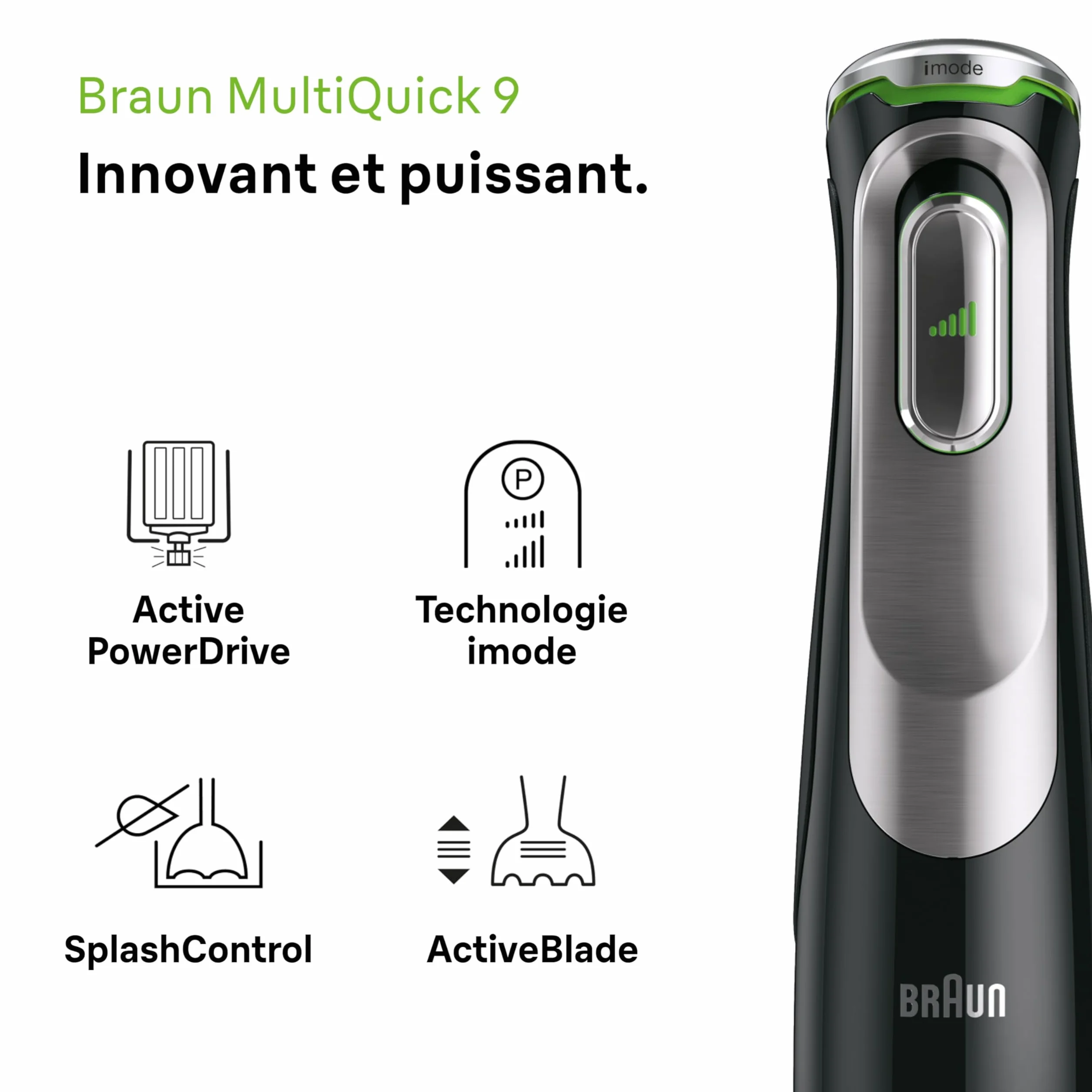 Braun MultiQuick 9 - Mixeur Plongeant, Anti Splash, Sélection Précise de la Vitesse, Active PowerDrive pour des Résultats Onctueux, Blender, Mini-hachoir, Verre Doseur 600mL, 1200W, Noir (MQ9147X)