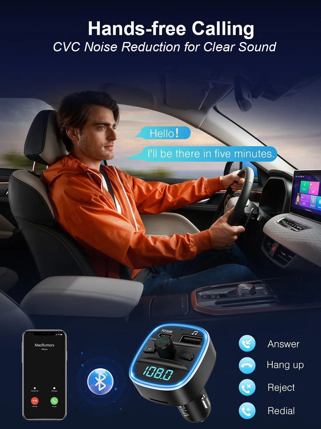 ORIA Nadajnik FM Bluetooth 5.3, bezprzewodowy adapter radia samochodowego z szybkim ładowaniem PD 36 W, podświetlenie LED, zestaw głośnomówiący, kompatybilny z Bluetooth, karta TF, pamięć USB