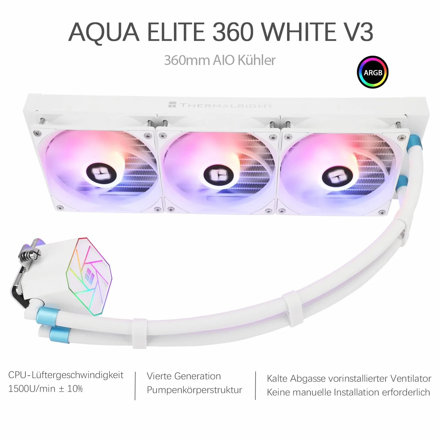 TR-Thermalright Aqua Elite 360 biały V3 CPU, chłodzenie wodne, kompletny zestaw 360, AIO PC, wentylator chłodzący ARGB, 3 x 120 mm, łatwa instalacja, kompatybilny z AM5/AM4, LGA1851/1700/115X/1200