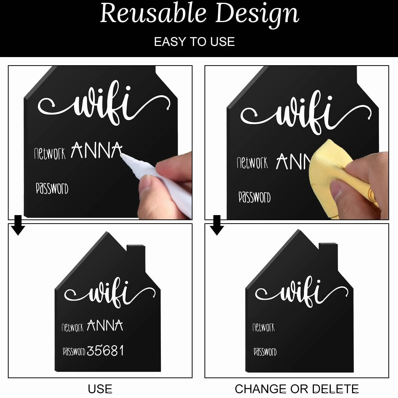 Panneau d'affichage WiFi en acrylique avec tableau à craie et porte-marqueur effaçable pour chambre d'amis, bureau