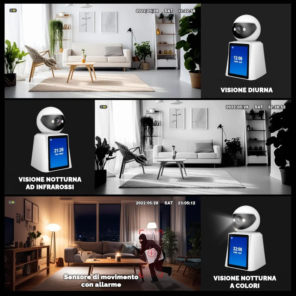 Kamera bezpieczeństwa, wyświetlacz 2,8" HD, dwukierunkowe rozmowy wideo, wykrywanie człowieka, podczerwień, możliwość podłączenia za pomocą aplikacji na Androida lub iOS, panoramiczne
