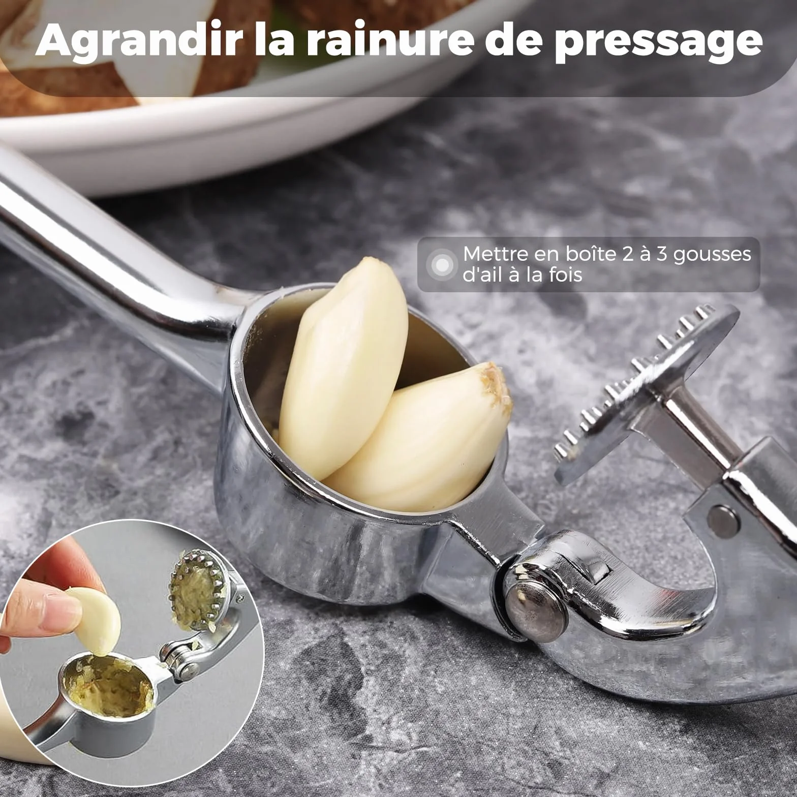 Presse-Ail Inox de Cuisine Professionnelle, Broyeur d'Ail Argenté