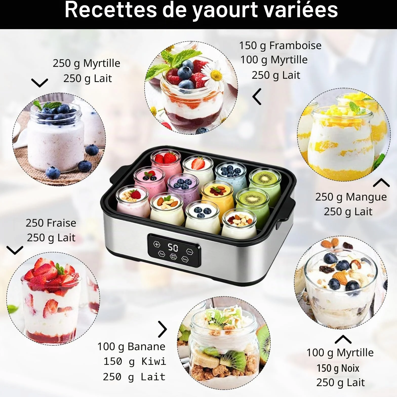 Yaourtière Électrique 2200 ml, avec 12 × 180 ml Pots en Verre, Machine à Yaourt Digitale Inox, Yaourtière Automatique pour Yaourt Maison, Fromage ou Natto