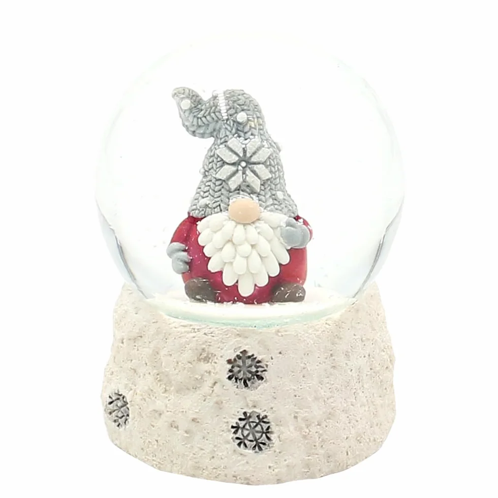 Boule à Neige Lutin de Noël avec Bonnet Gris sur Socle Blanc, L/l/H/Ø 6,5 x 6,5 x 8,8 cm, Ø 6,5 cm