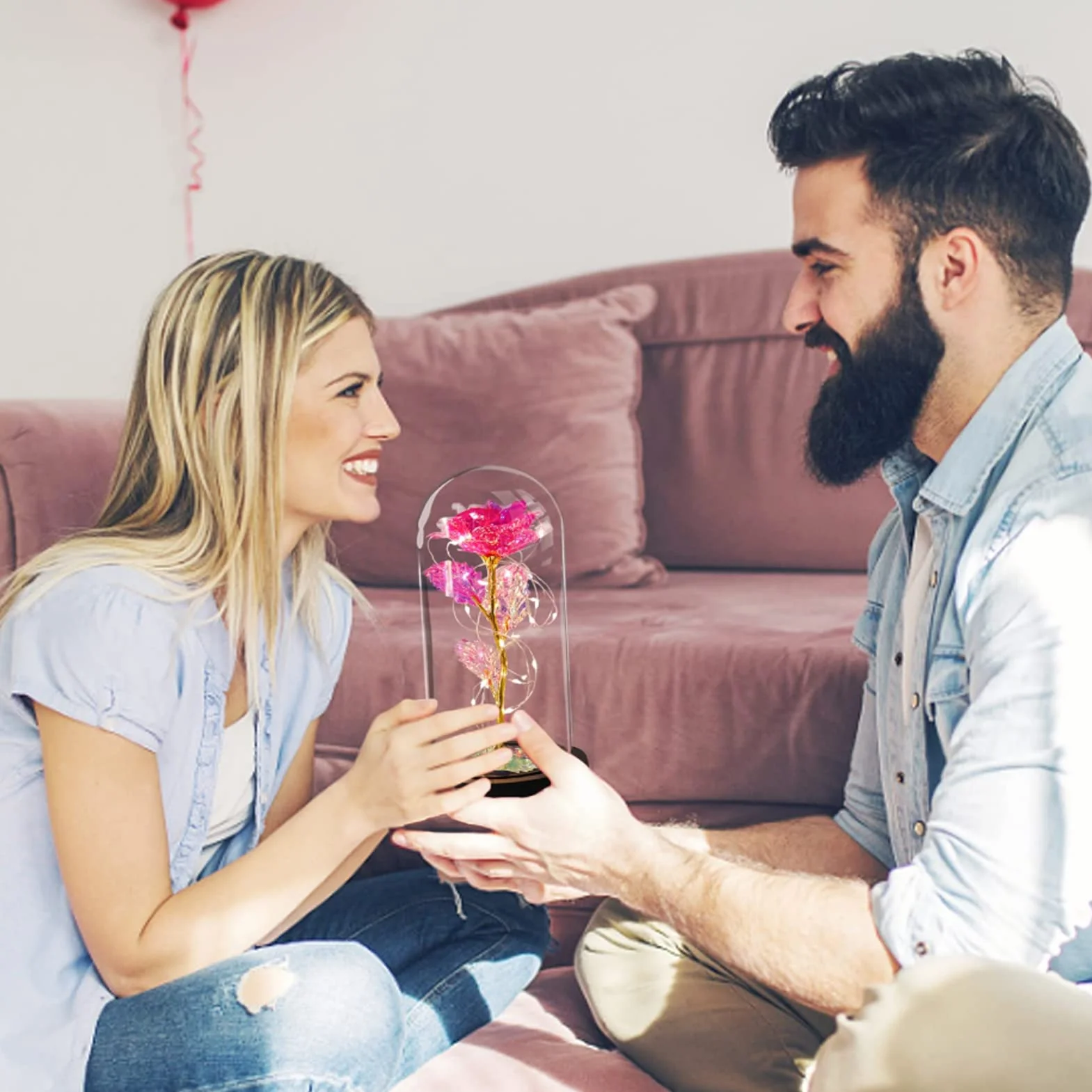 Rose Eternelle sous Cloche Galaxy Rose La Belle et la Bête avec LED Lumières Cadeau Fête des Mères pour Femmes