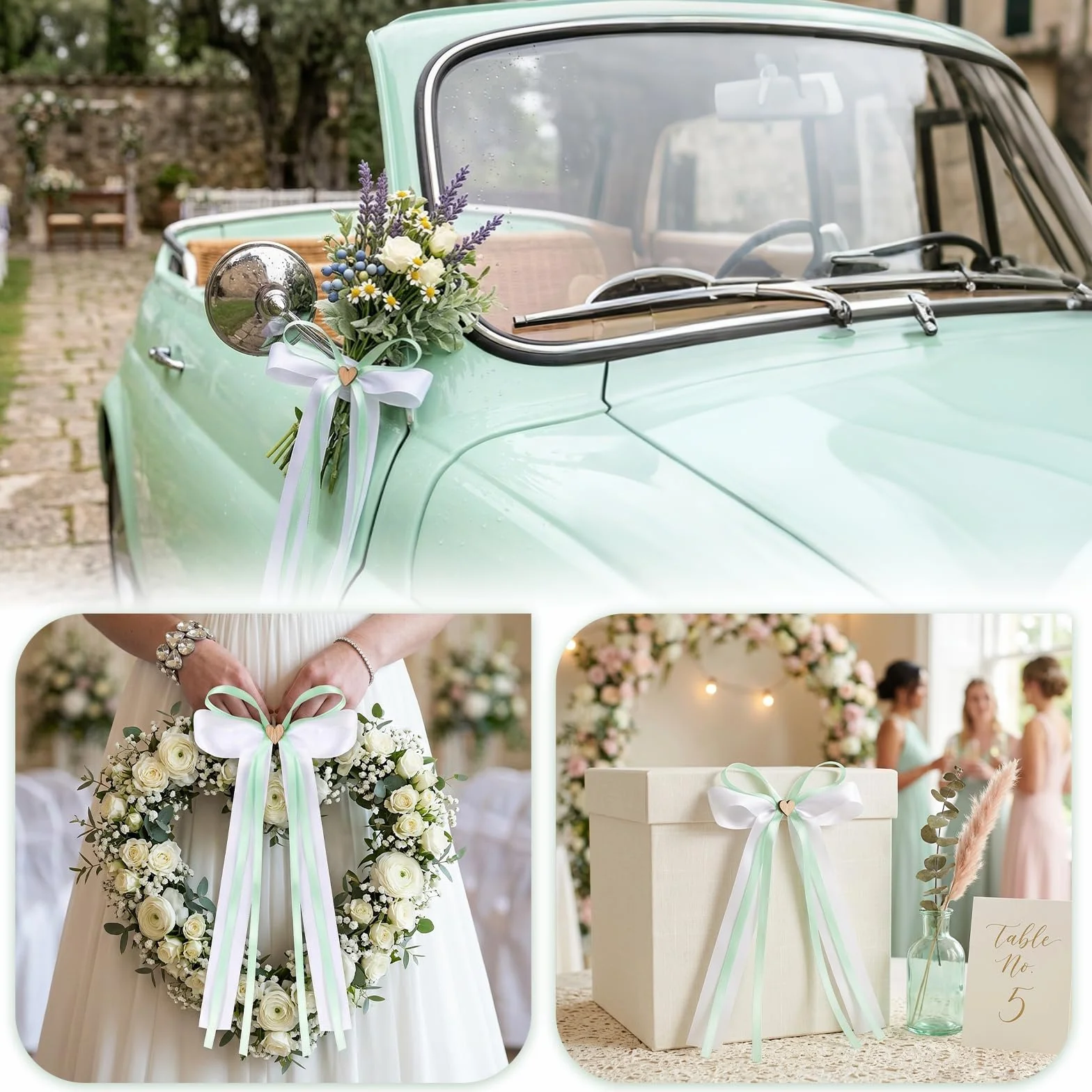 Nœuds Voiture Mariage 23cm Nœud Papillon Blanc Vert Cœurs Ruban Satin Décoration Mariage Voitures Nuptiales Cadeau