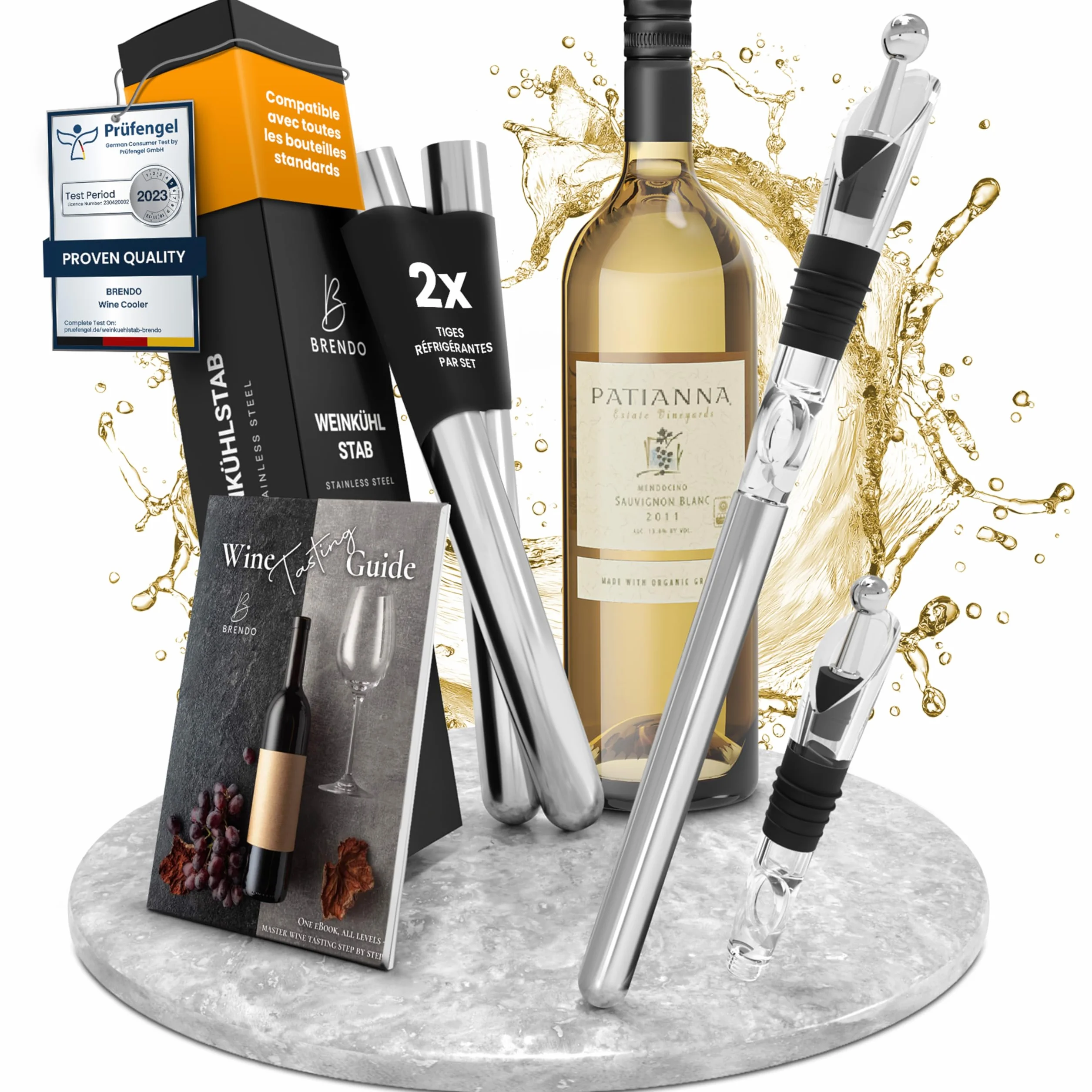 Brendo Rafraîchisseur de Vin 4-en-1 Tige de Refroidissement en Acier Inoxydable 2 Longueurs + Bec Verseur + Décanteur + Bouchon