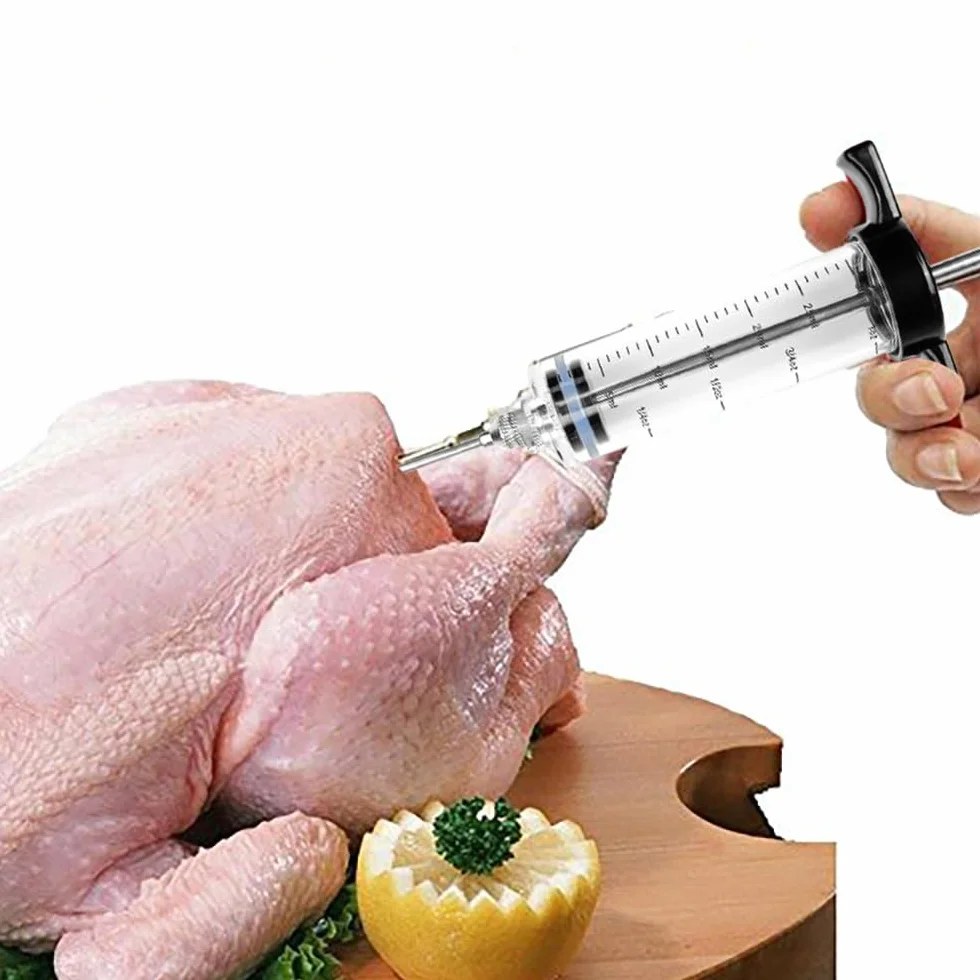 Seringue Alimentaire Acier Inoxydable Injecteur de Marinade 3 Aiguilles pour Dinde Bœuf Poulet