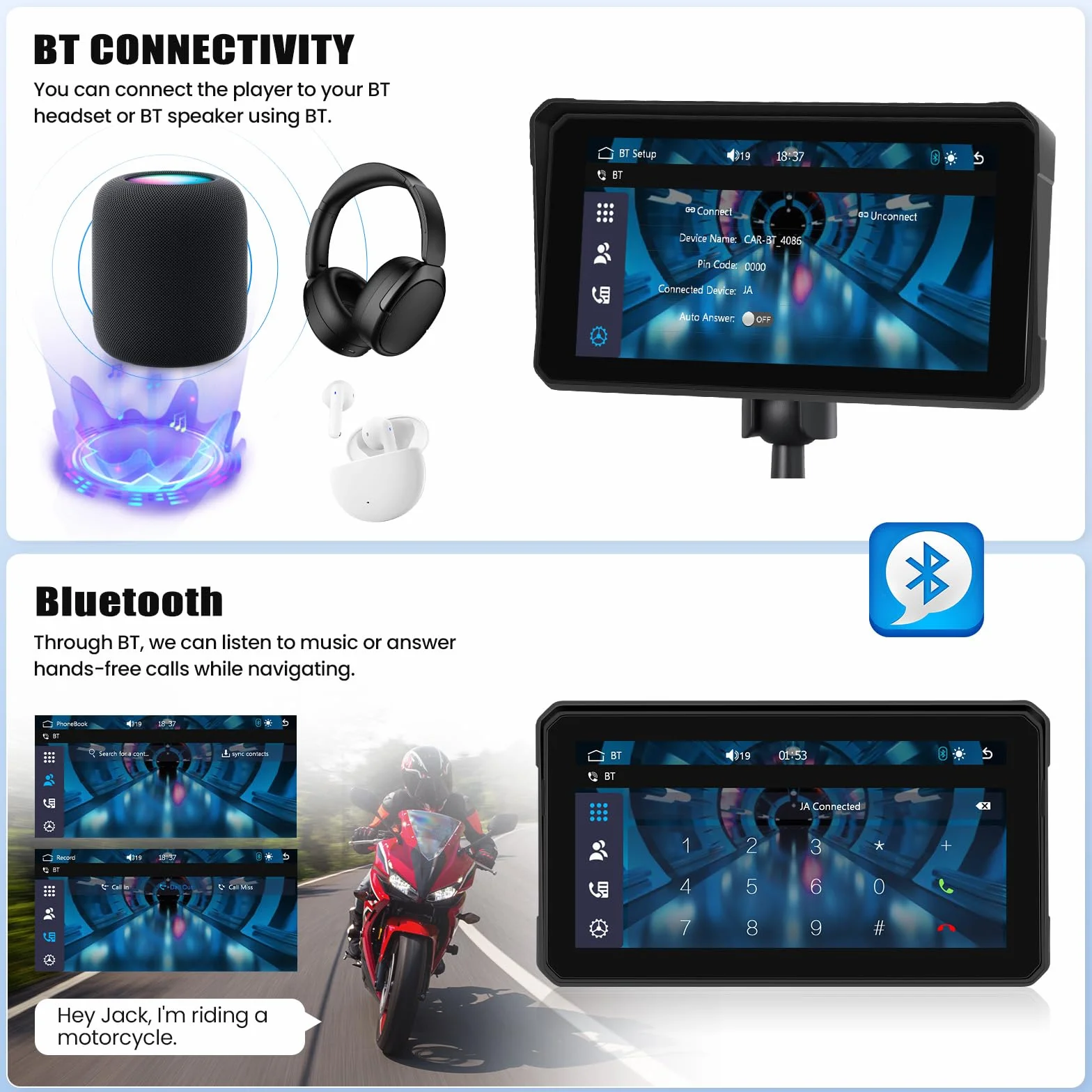 Carplay przenośny wyświetlacz motocyklowy Carplay, z systemem Android, bezprzewodowy, IP68, wodoszczelny, wyświetlacz GPS CarPlay, kompatybilny z Bluetooth, Mirrorlink, Siri