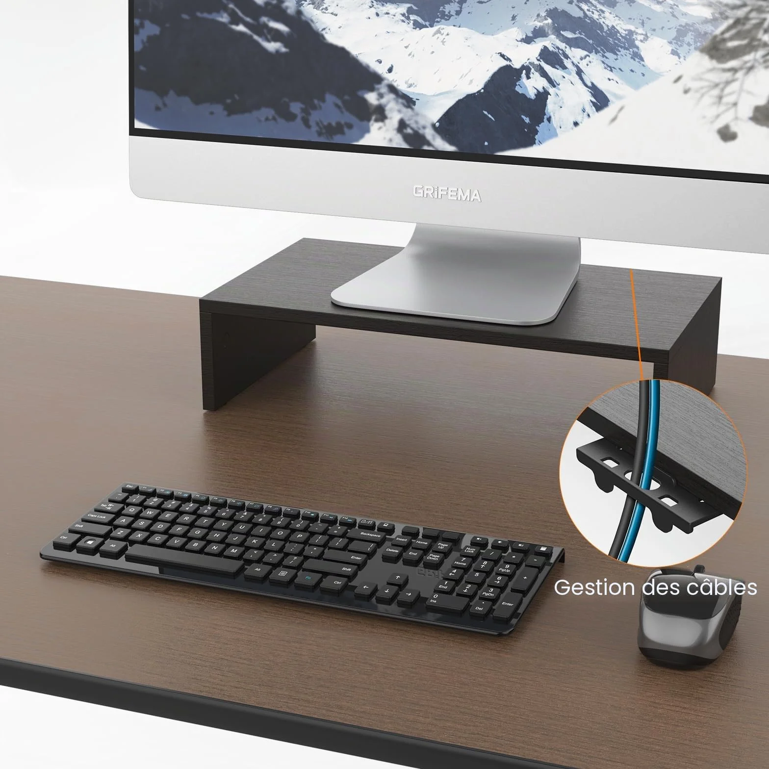 GRIFEMA Rehausseur Écran PC Bureau en Bois, Support Moniteur Ergonomique avec Gestion des Câbles, Noir