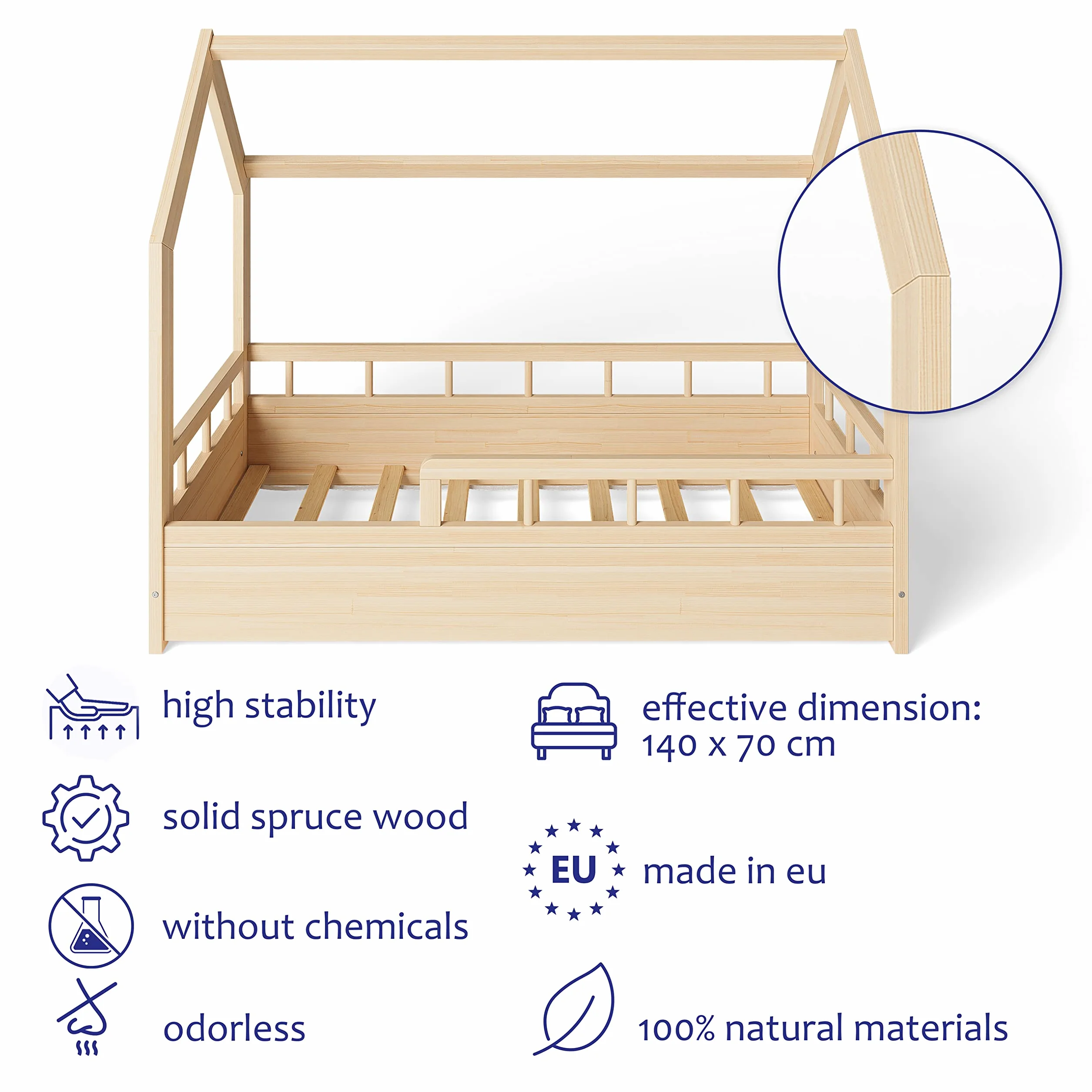 MS FACTORY Lit Enfant Bébé Maison 70x140 cm - Lit en Massif Cabane avec Protection Anti-retombée, Barrière Sécurité - Style Scandinave Montessori - Bois Demi-barrières