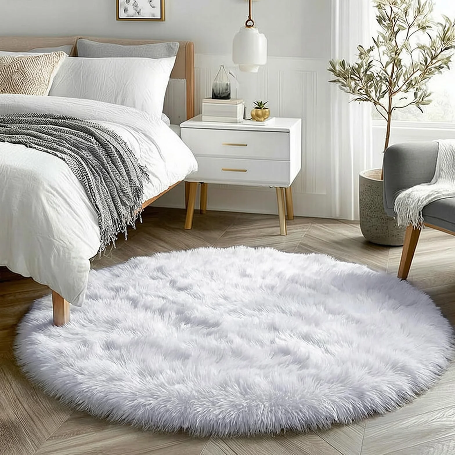Tapis Rond Moelleux Blanc Chambre à Coucher Peluche Mignon
