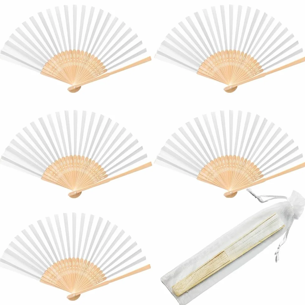 Gudotra 30 Pcs Eventail Mariage Pliant de Papier Eventail Blanc pour Cadeaux Mariage Baptême Décoration Mariage Eventail Blanc avec Sachet Organza Blanc