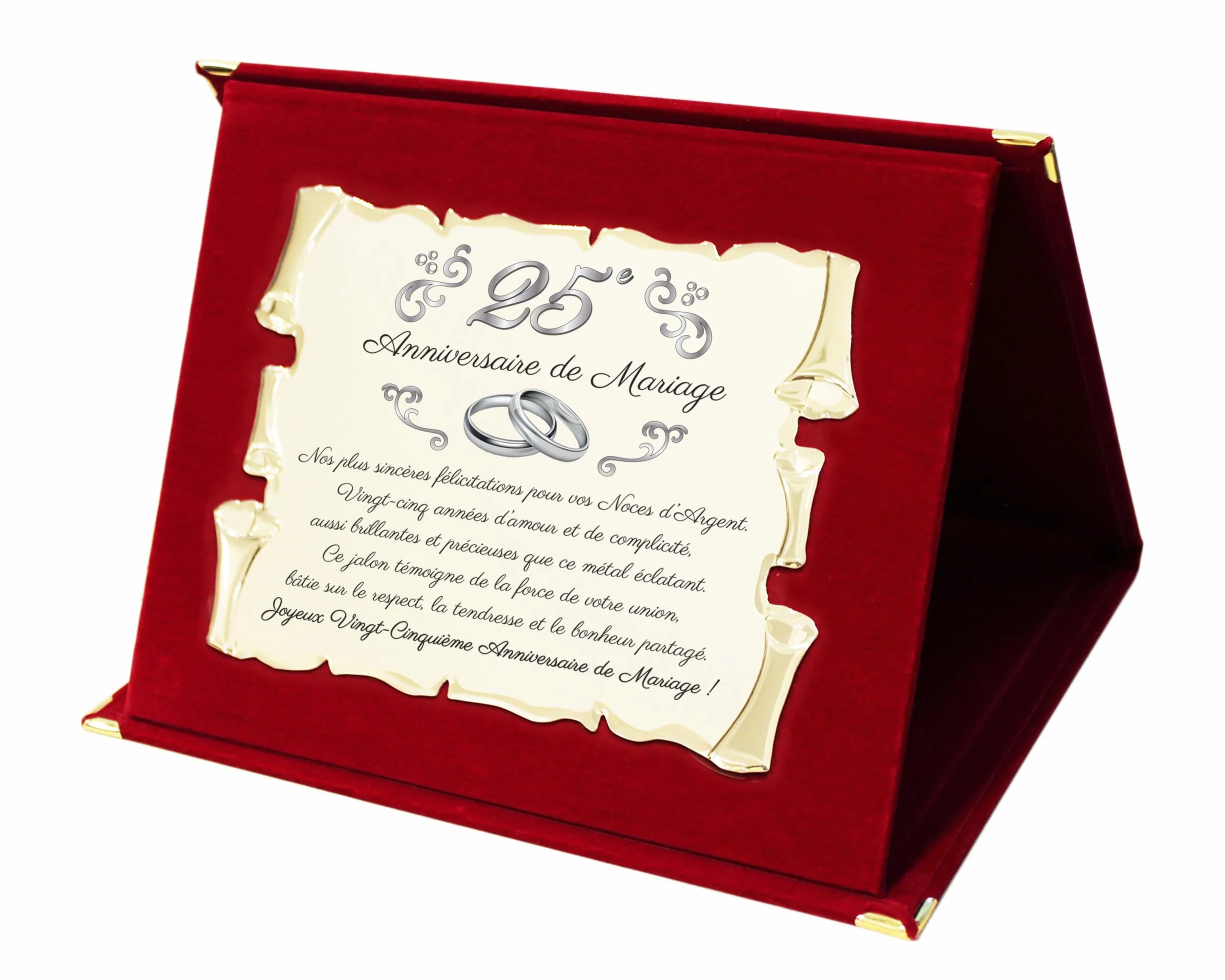 Plaque Souvenir 25e Anniversaire de Mariage Noces d'Argent Métal Doré Décoratif Rouge