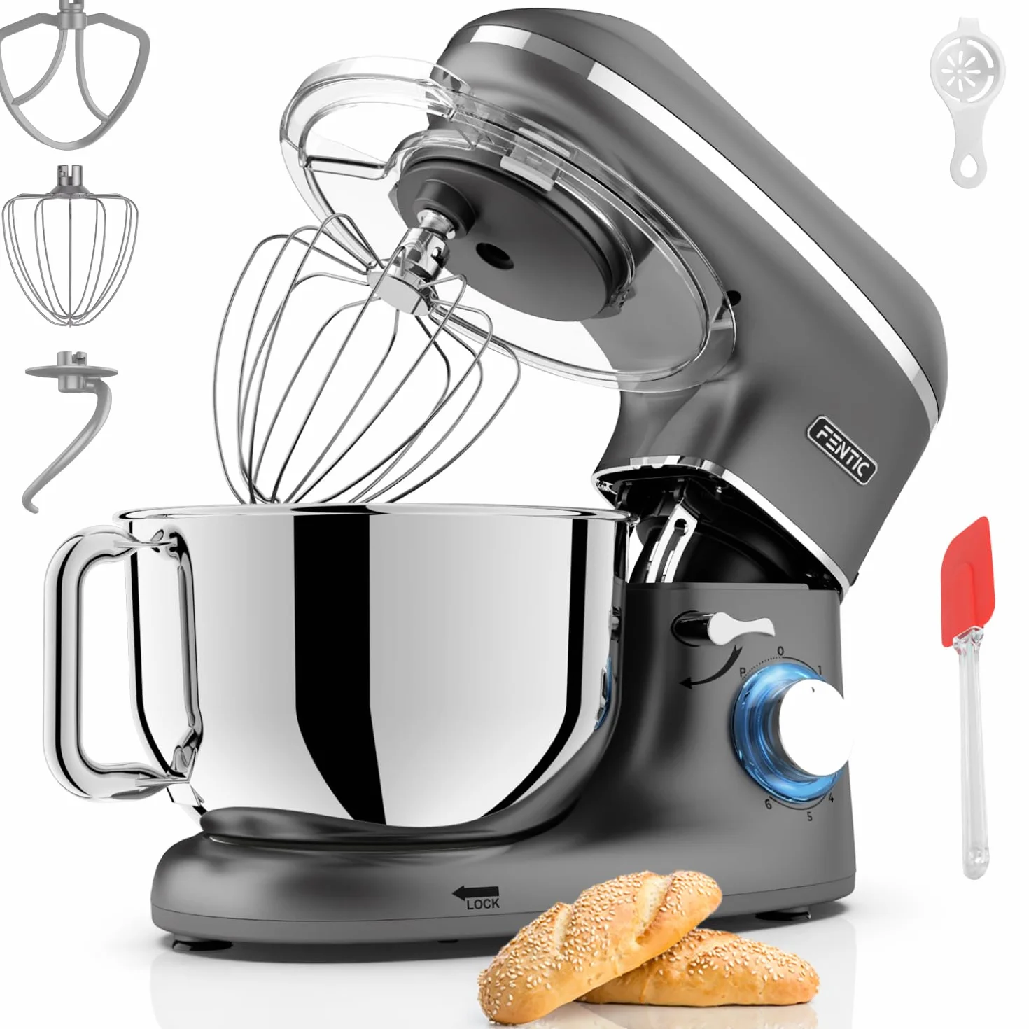 Robot Pâtissier – 2000W – Bol mélangeur en acier inoxydable (6,2L) – Avec fouet, Crochet pétrisseur et Batteur plat – Incl. et accessoires supplémentaires (Anthracite)