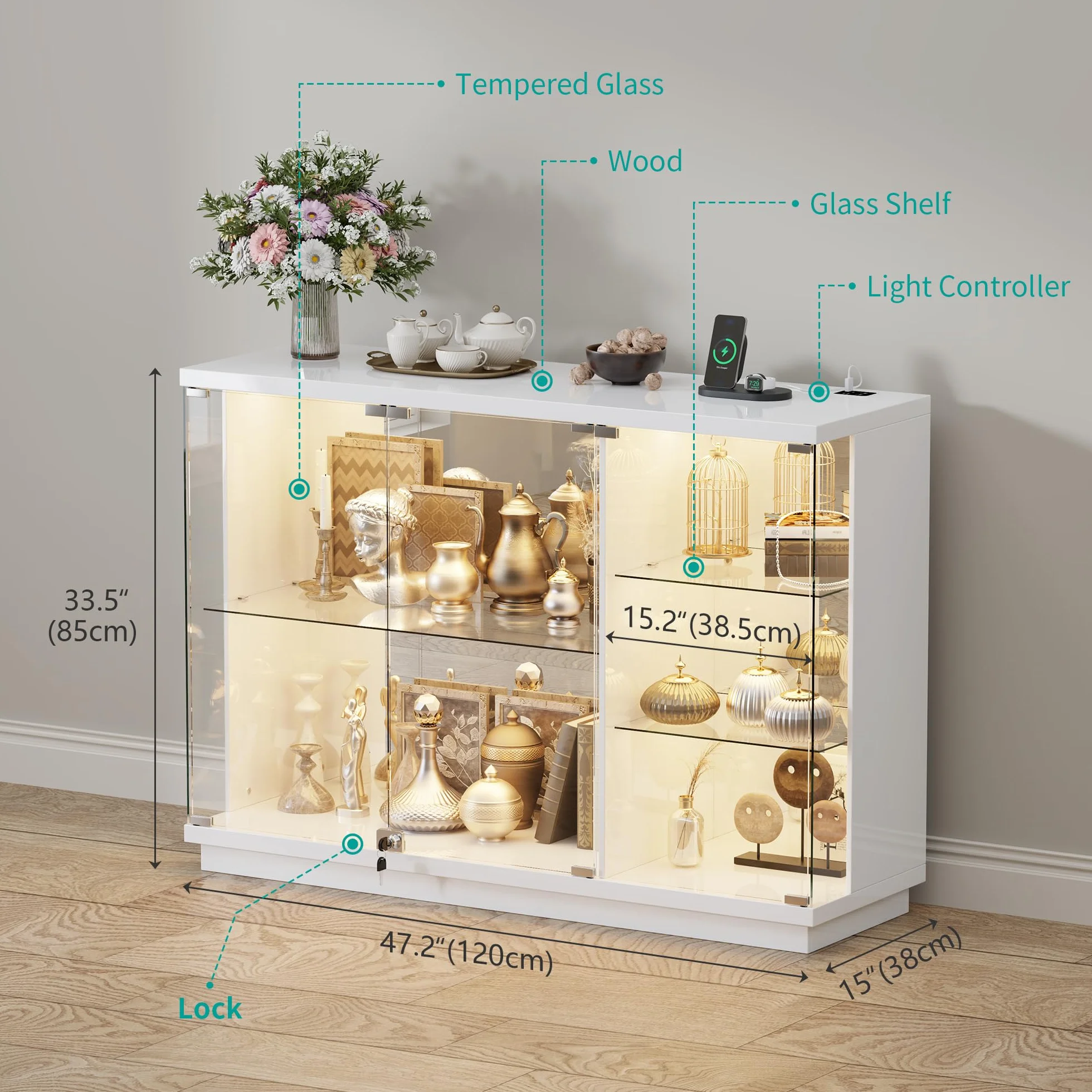 Vitrine pour Collection avec éclairage LED - Portes Vitrées Verrouillables,Vitrine en Verre avec Capteurs,Vitrines de Collection à 3 Niveaux Vitrines pour Salon,Chambre,Blanc