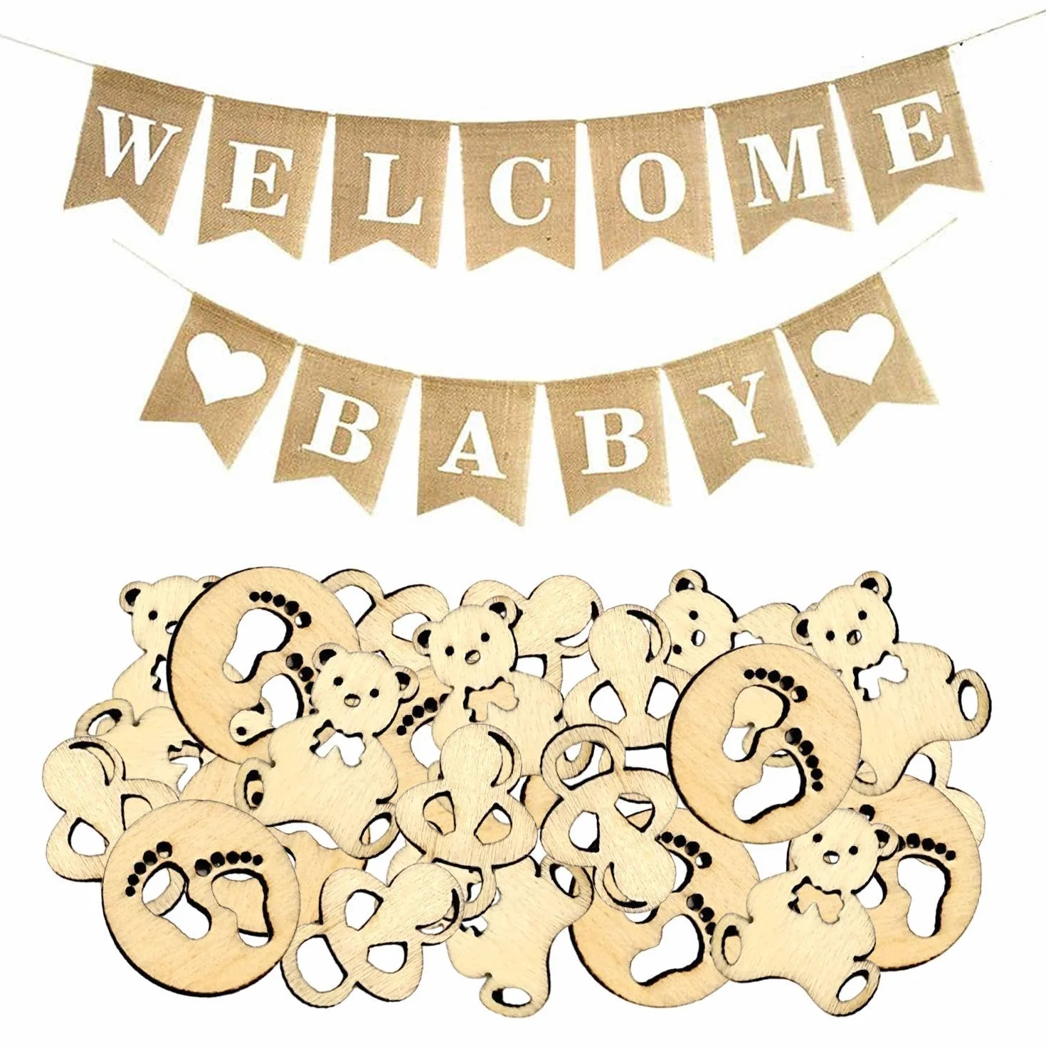 Drapeau Machaon Bannière Bienvenue Bébé Toile Jute Décoration Baby Shower 1 Pièce 50 Pièces Sciure Bois