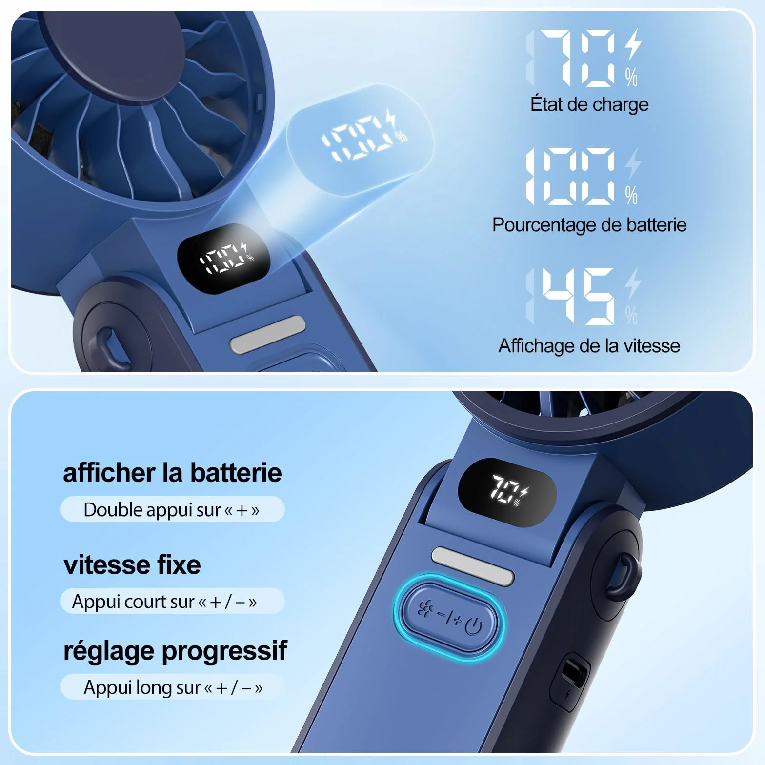 Ventilateur Portable Rechargeable USB Silencieux 4000 mAh Écran LED Pliable