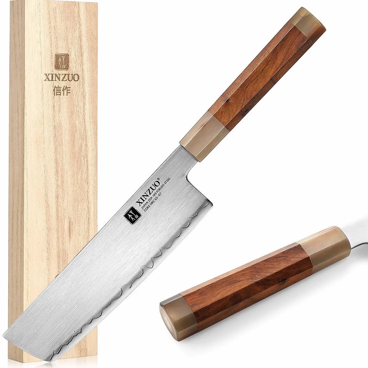 XINZUO Acier Japonais Couteau Nakiri 18.3cm Couteau de Cuisine, Forgé à la Main Couteau à Légumes Japonais ZDP-189 Acier, Lames Bien Tranchantes Couteau de Chef -Poignée en Bois de Fer du Désert